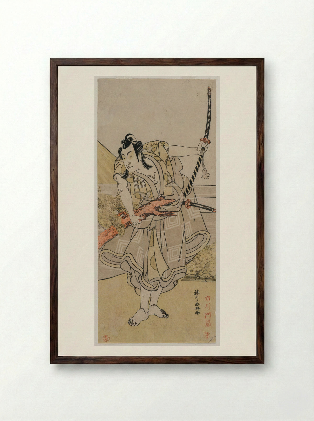 The Actor Ichikawa Omezo I as Koyurugi Motomenosuke - Katsukawa Shunkō - Framed Print Dark Wood