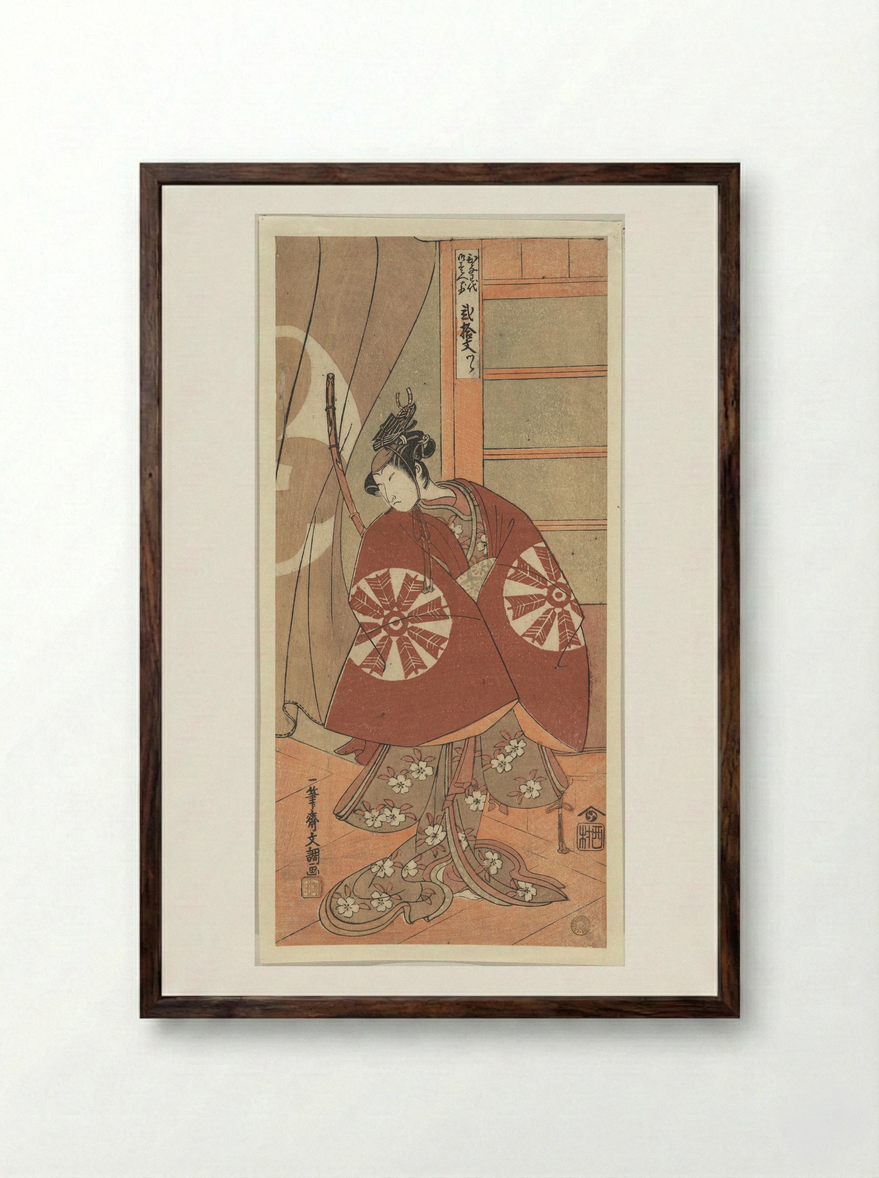 The Actor Nakamura Tomijuro as a Woman Wearing a Red Cape - Ippitsusai Bunchō - Framed Print Dark Wood