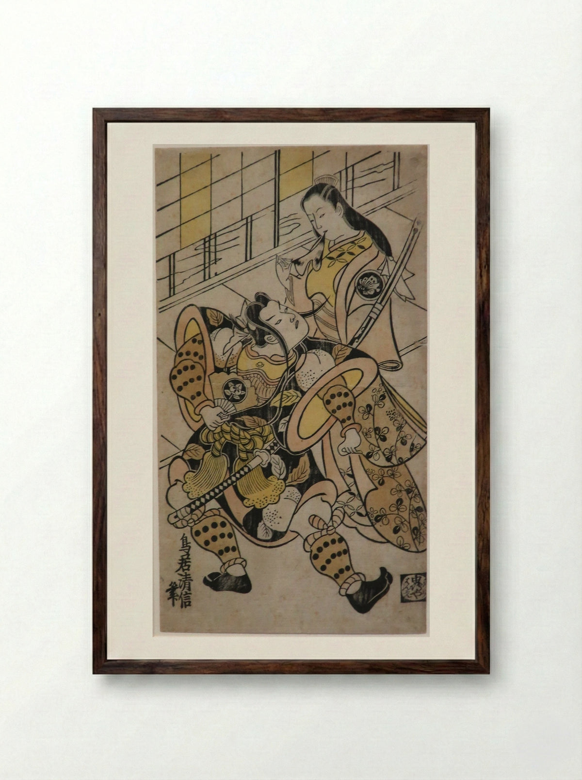 The Actor Sanjo Kantaro II as Oshichi in the play Nanakusa Fukki Soga - Torii Kiyonobu I - Framed Print Dark Wood