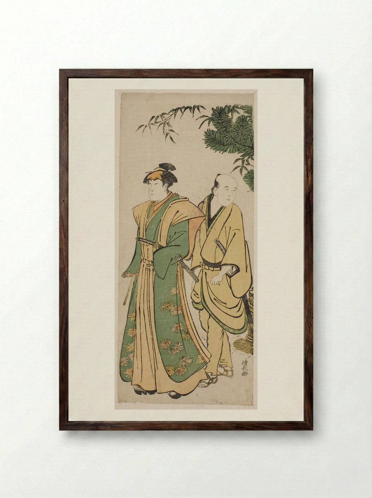 The Actor Segawa Kikunojo III and his attendant making ceremonial rounds at New Year's - Torii Kiyonaga - Framed Print Dark Wood