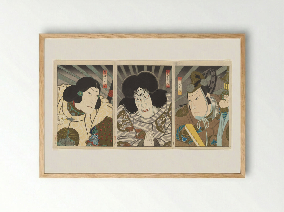 The Actors Mimasu Daigorō IV, Ichikawa Ebizō V, and Jitsukawa Ensaburō - Gosōtei Hirosada - Framed Print Wood