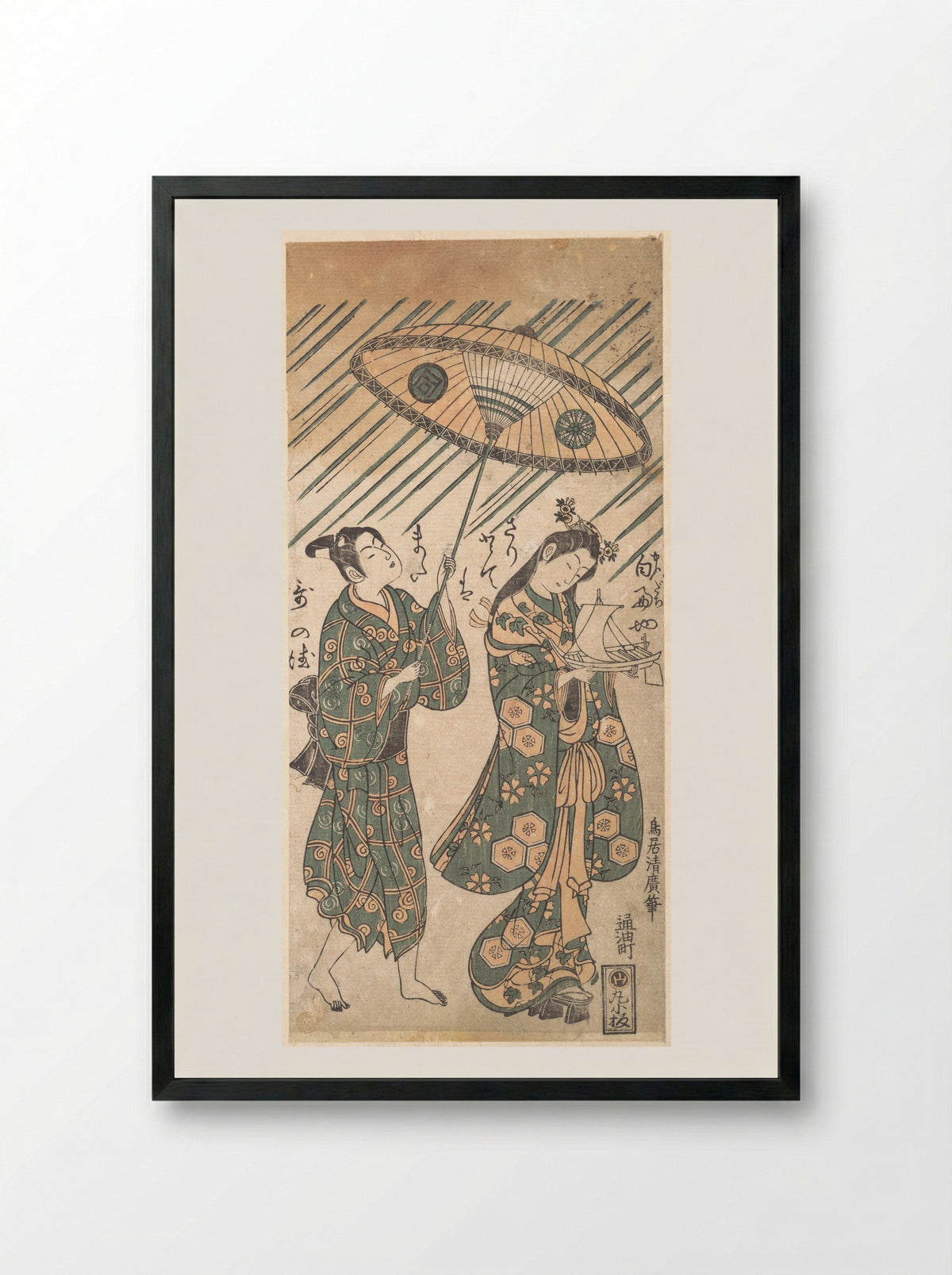 The Actors Nakamura Tomijirō in the Role of Ono no Komachi and Sanogawa Ichimatsu in the Role of Her Servant - Torii Kiyohiro - Framed Print Black
