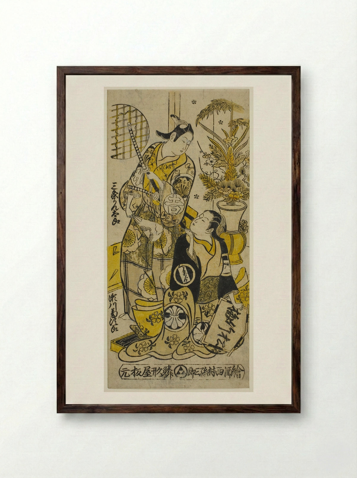The Actors Segawa Kikujiro I as Oshichi and Sanjo Kantaro II as Kichisaburo - Nishimura Shigenobu - Framed Print Dark Wood