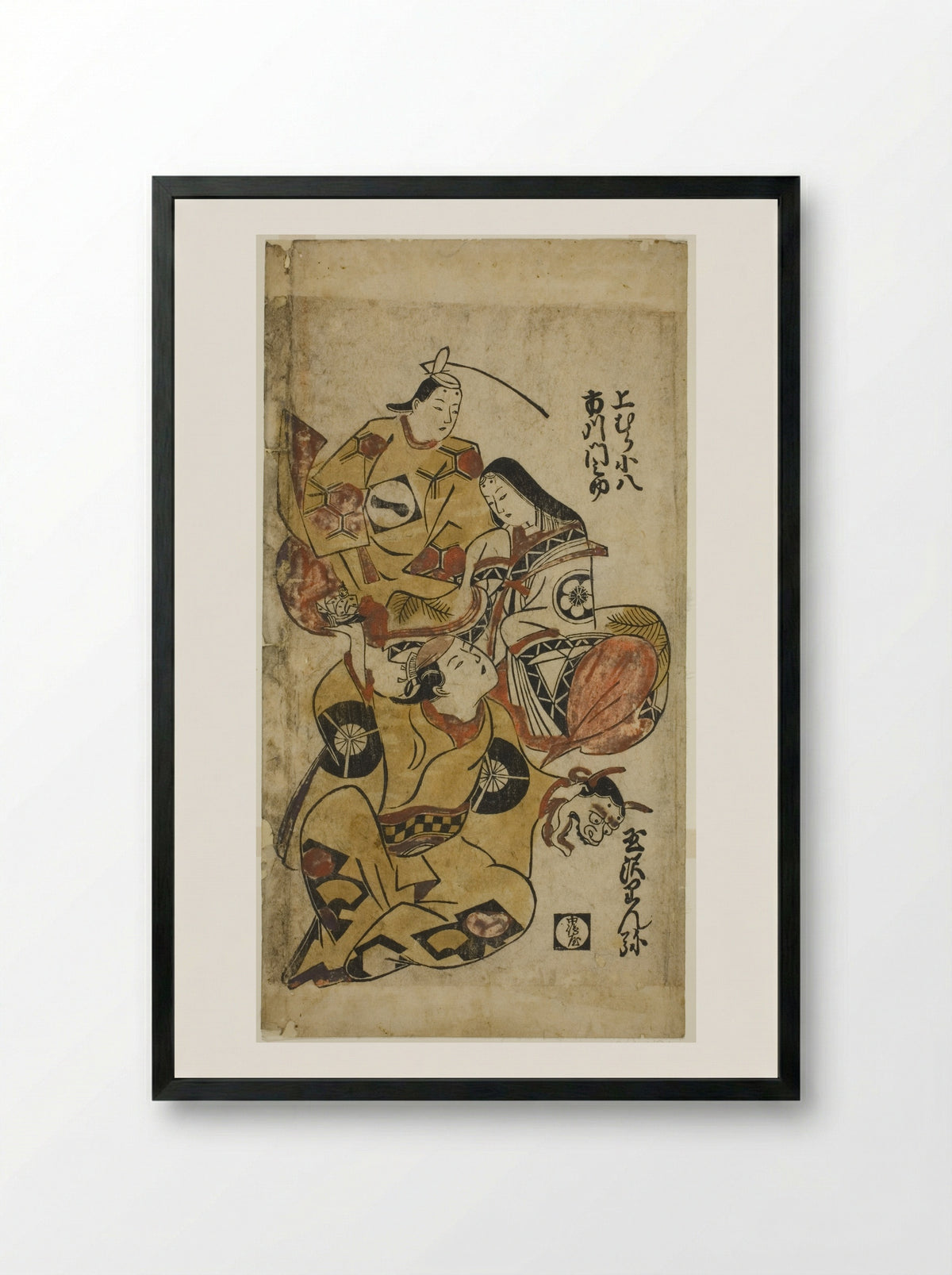 The Actors Tamazawa Rinya, Uemura Kohachi, and Ichikawa Monnosuke - Torii Kiyonobu I - Framed Print Black