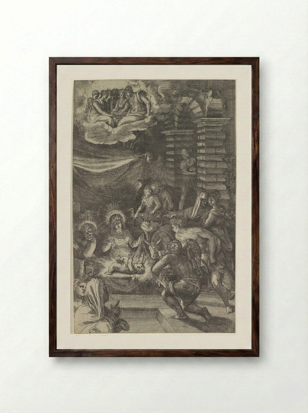 The Adoration of the Shepherds - Giulio Bonasone - Framed Print Dark Wood