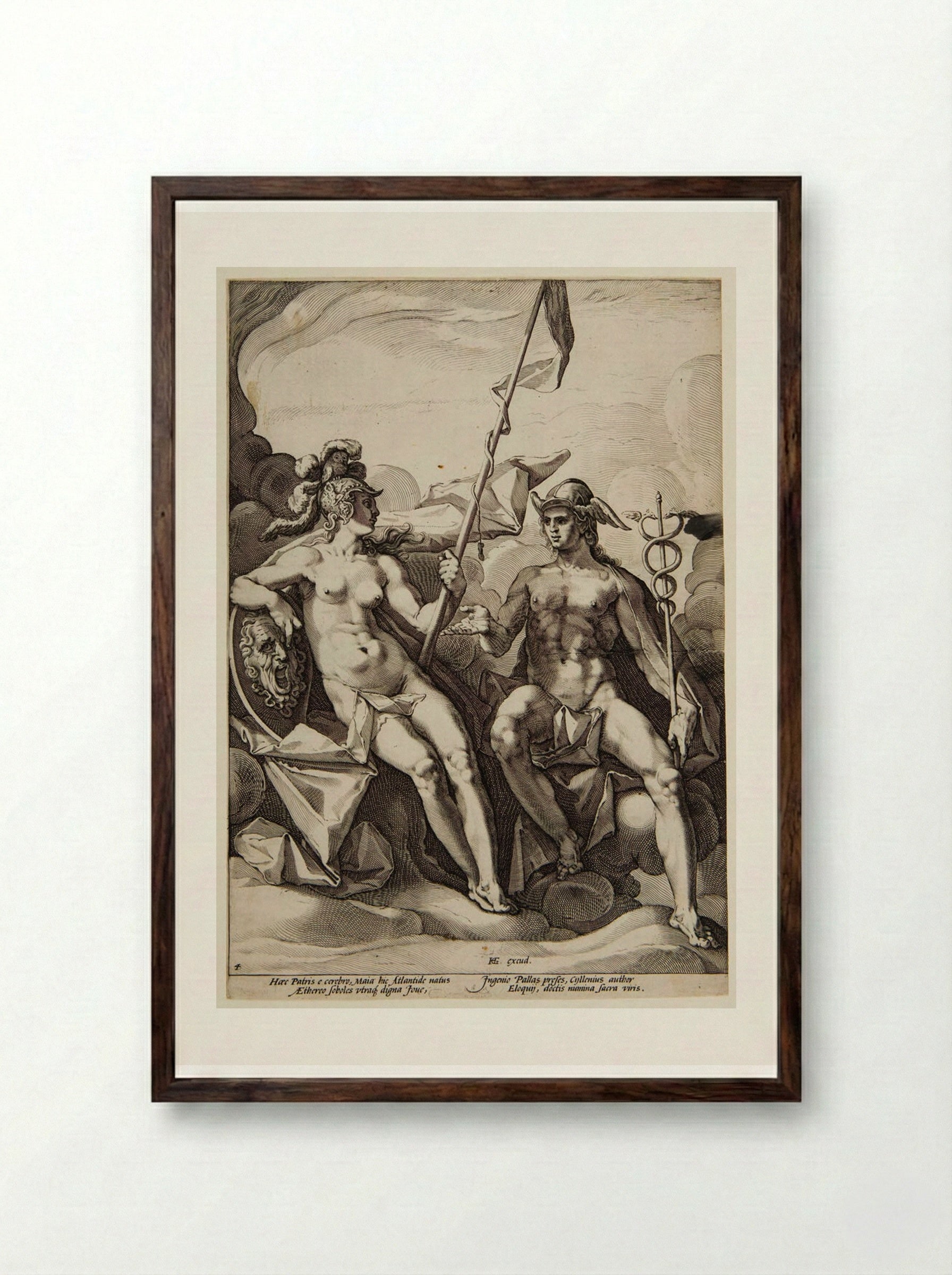 The Alliance of Athena and Mercury (Hermathena) - Jacob Matham - Framed Print Dark Wood