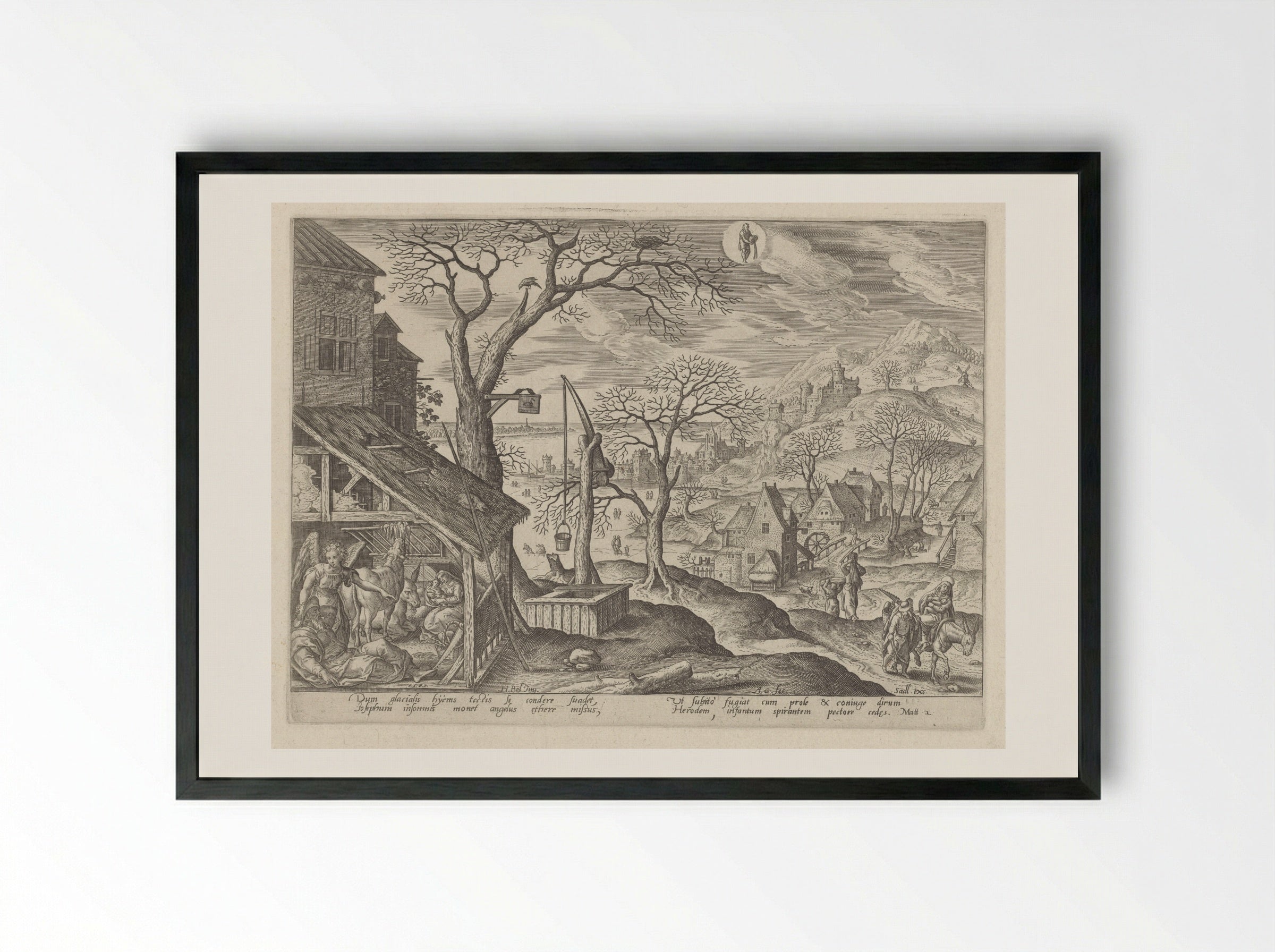 The Angel Telling Joseph to Flee and the Flight into Egypt - Adriaen Collaert - Framed Print Black