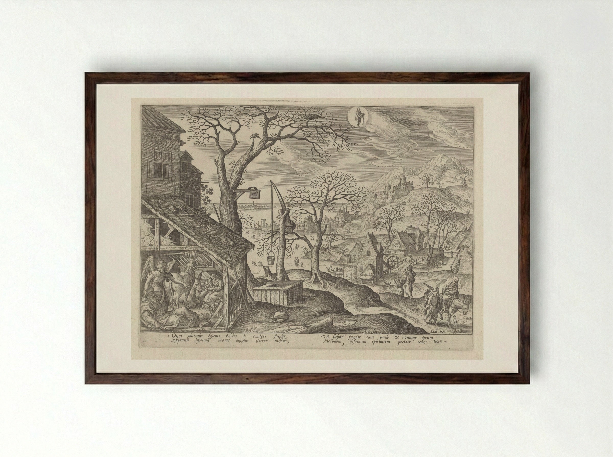 The Angel Telling Joseph to Flee and the Flight into Egypt - Adriaen Collaert - Framed Print Dark Wood