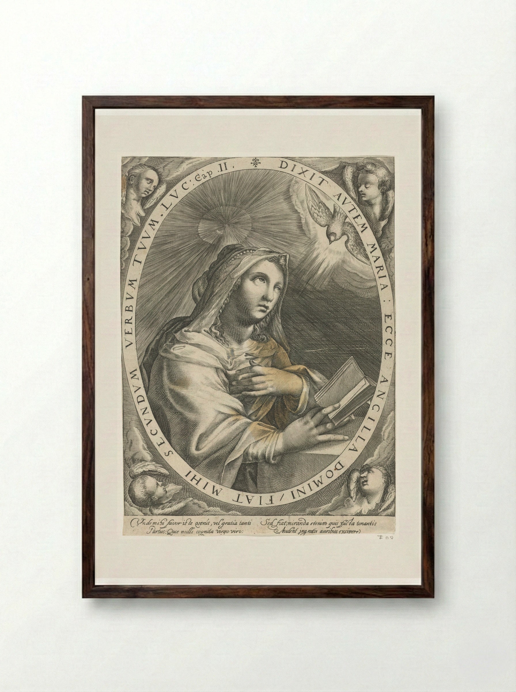 The Annunciation (Virgin Mary) - Crispijn van de Passe (I) - Framed Print Dark Wood