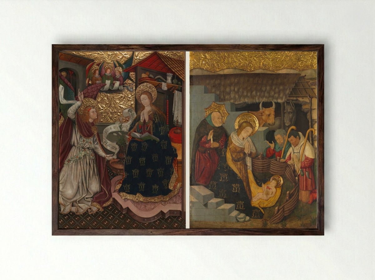The Annunciation and The Nativity - Jaume Ferrer the Younger - Framed Print Dark Wood