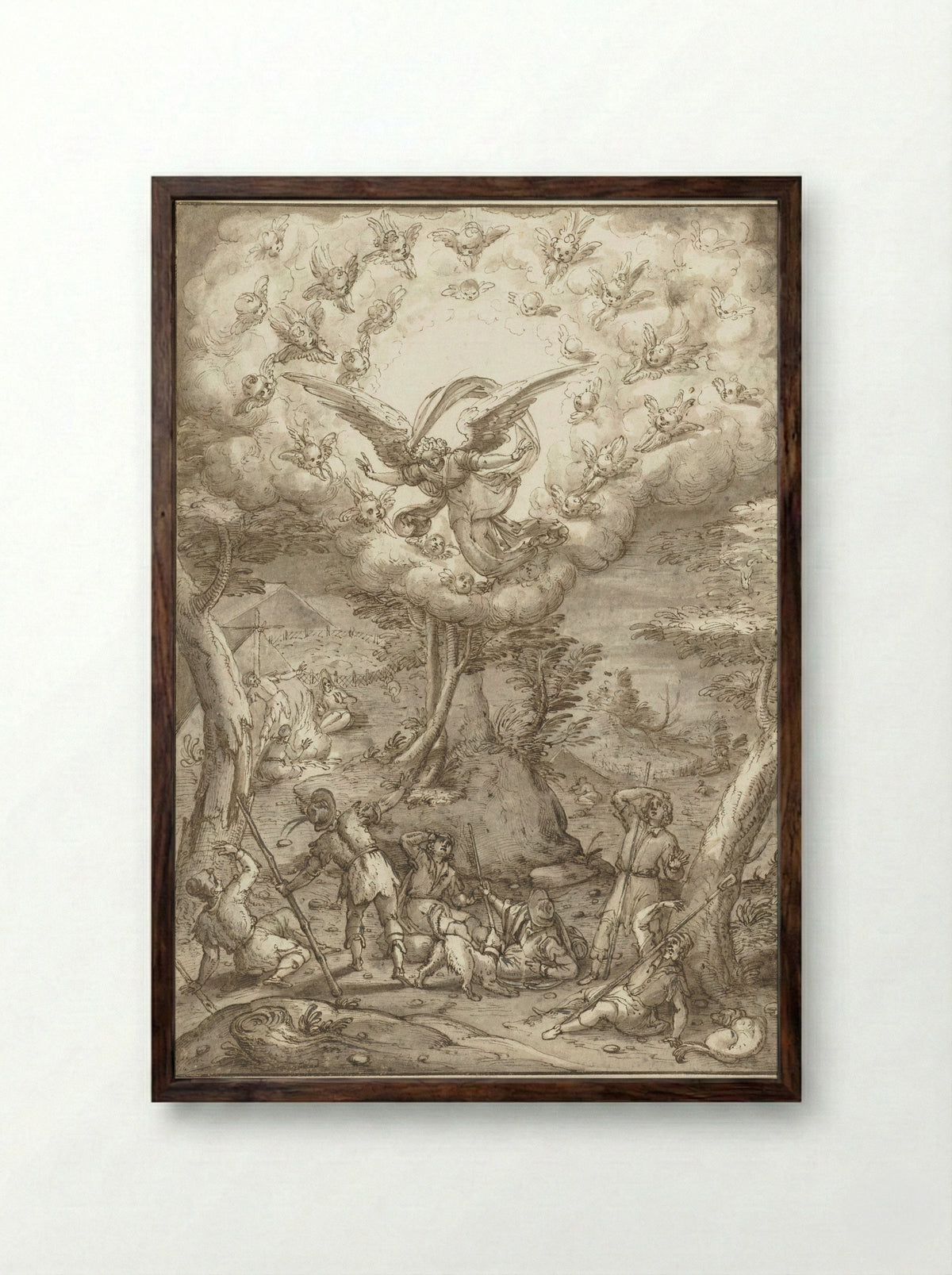 The Annunciation to the Shepherds - Peter de Witte - Framed Print Dark Wood