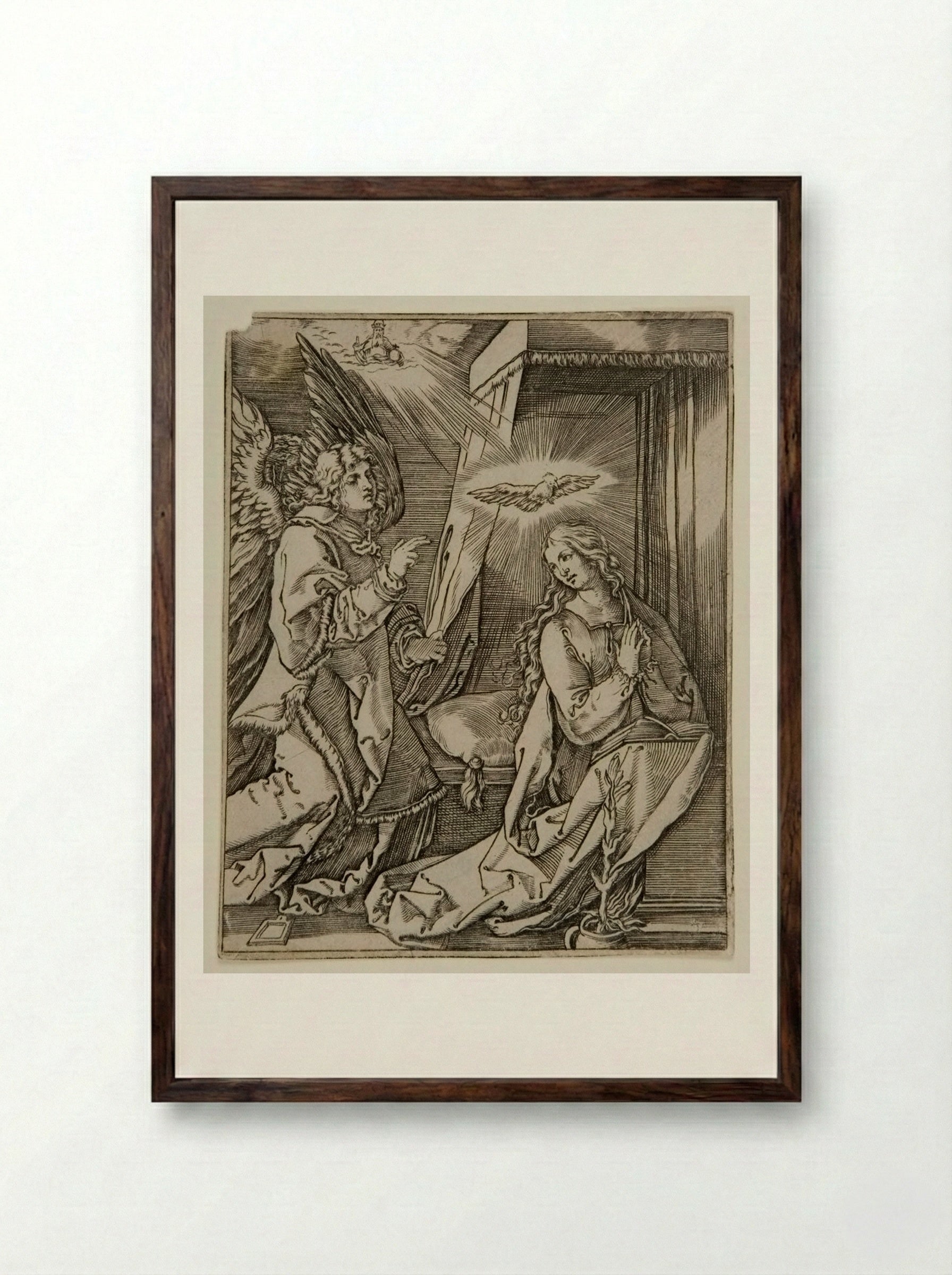 The Annunciation - Marcantonio Raimondi - Framed Print Dark Wood