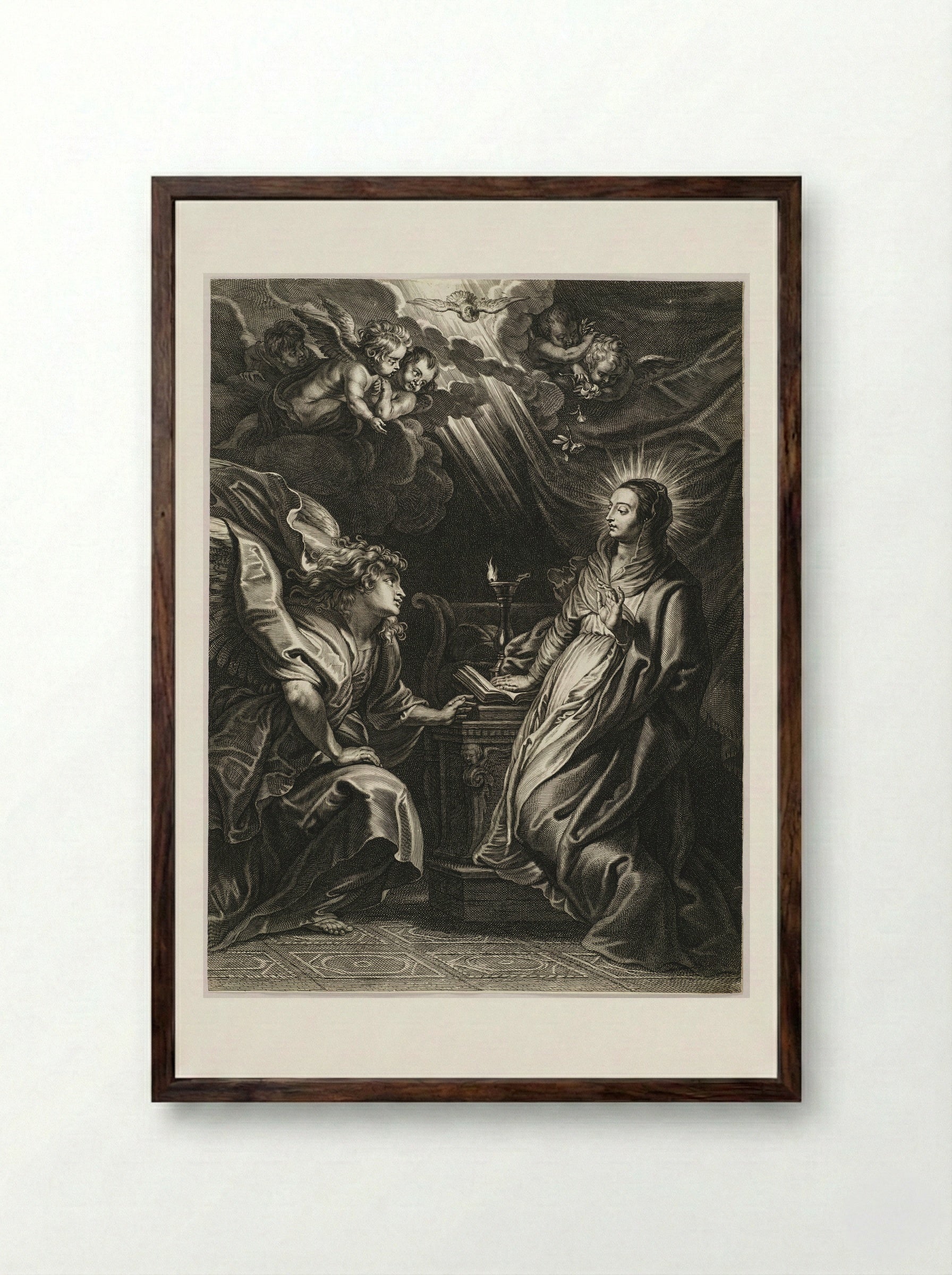 The Annunciation - Schelte Adamsz. Bolswert - Framed Print Dark Wood