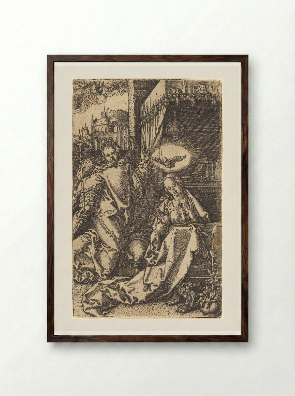 The Annunciation - Heinrich Aldegrever - Framed Print Dark Wood