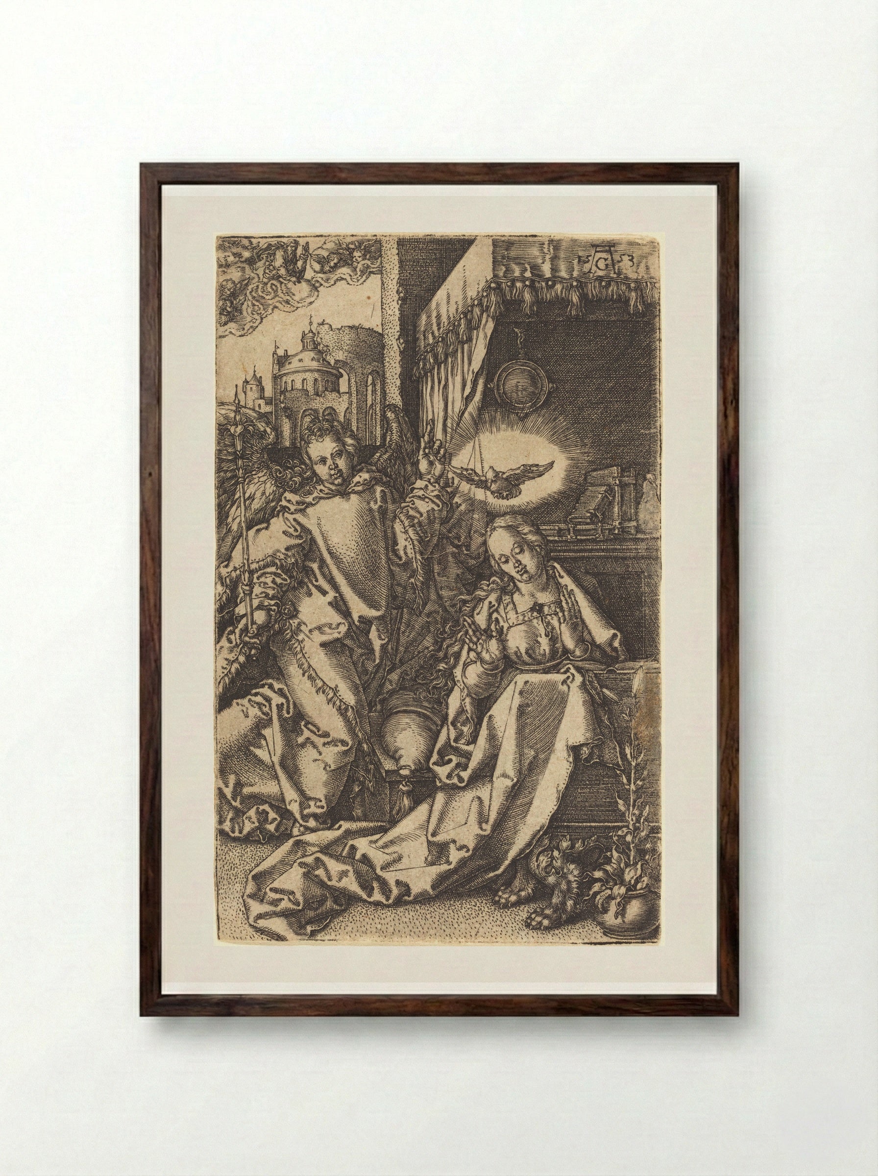 The Annunciation - Heinrich Aldegrever - Framed Print Dark Wood