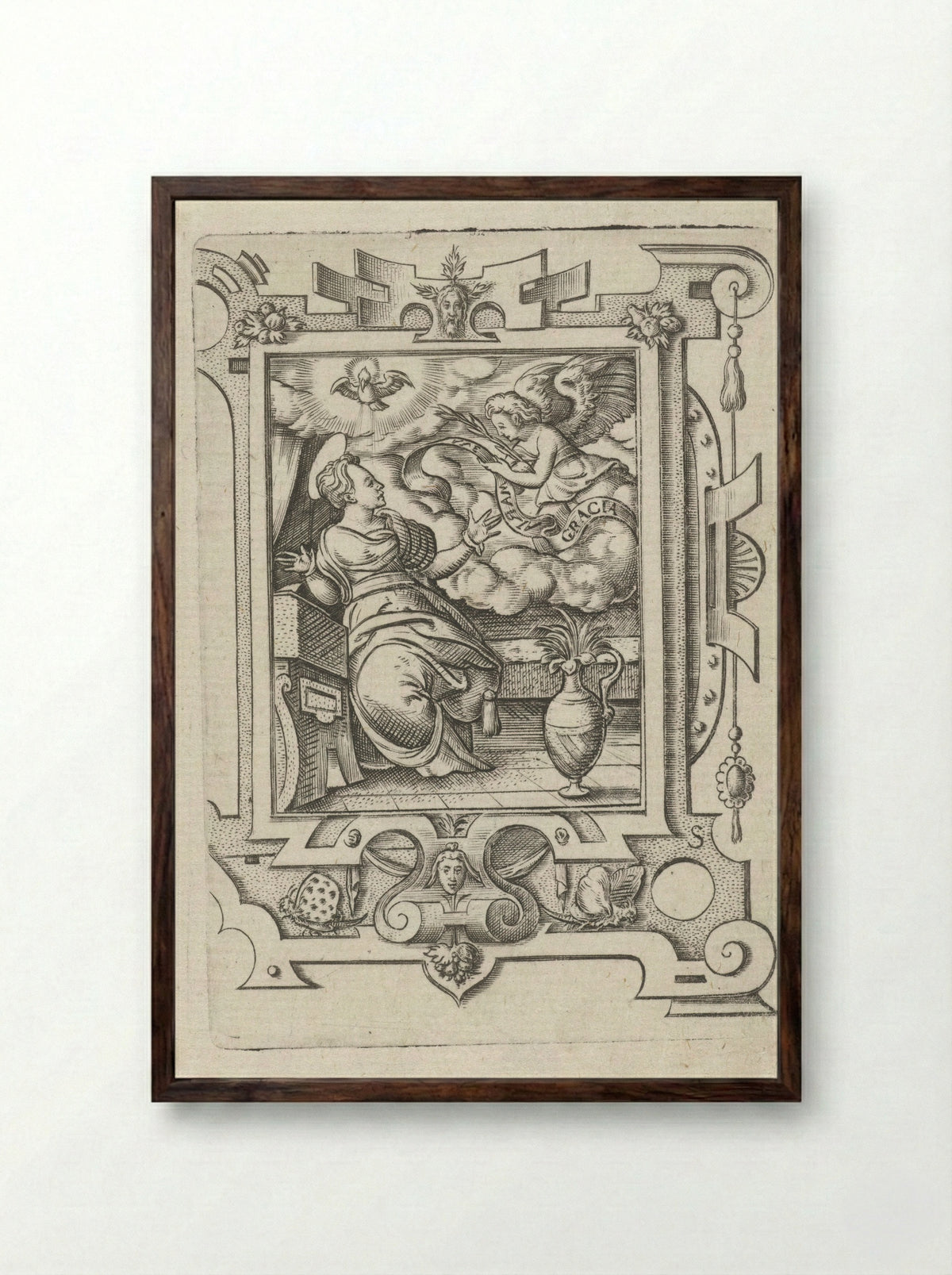 The Annunciation - Virgilius Solis - Framed Print Dark Wood