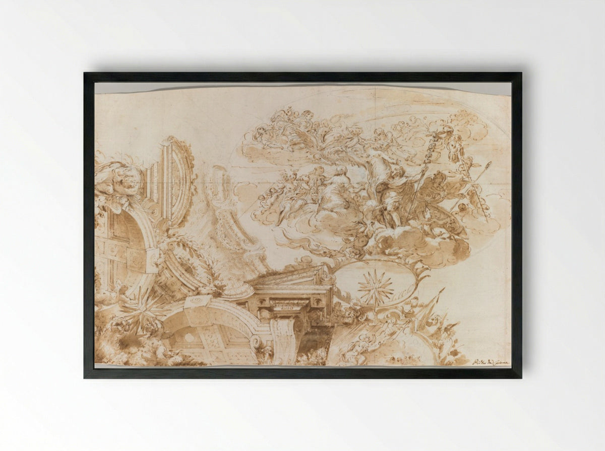 The Apotheosis of Romulus: Design for a Ceiling - Domenico Maria Canuti - Framed Print Black