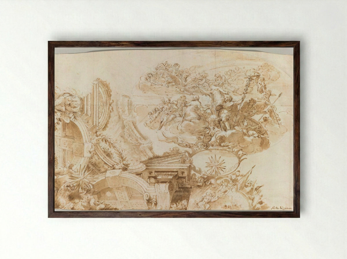 The Apotheosis of Romulus: Design for a Ceiling - Domenico Maria Canuti - Framed Print Dark Wood