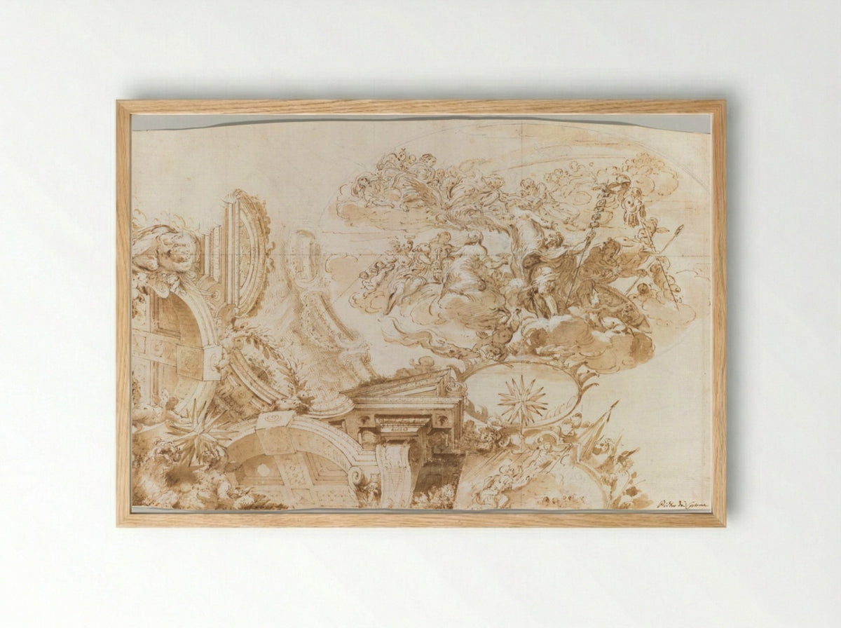 The Apotheosis of Romulus: Design for a Ceiling - Domenico Maria Canuti - Framed Print Wood