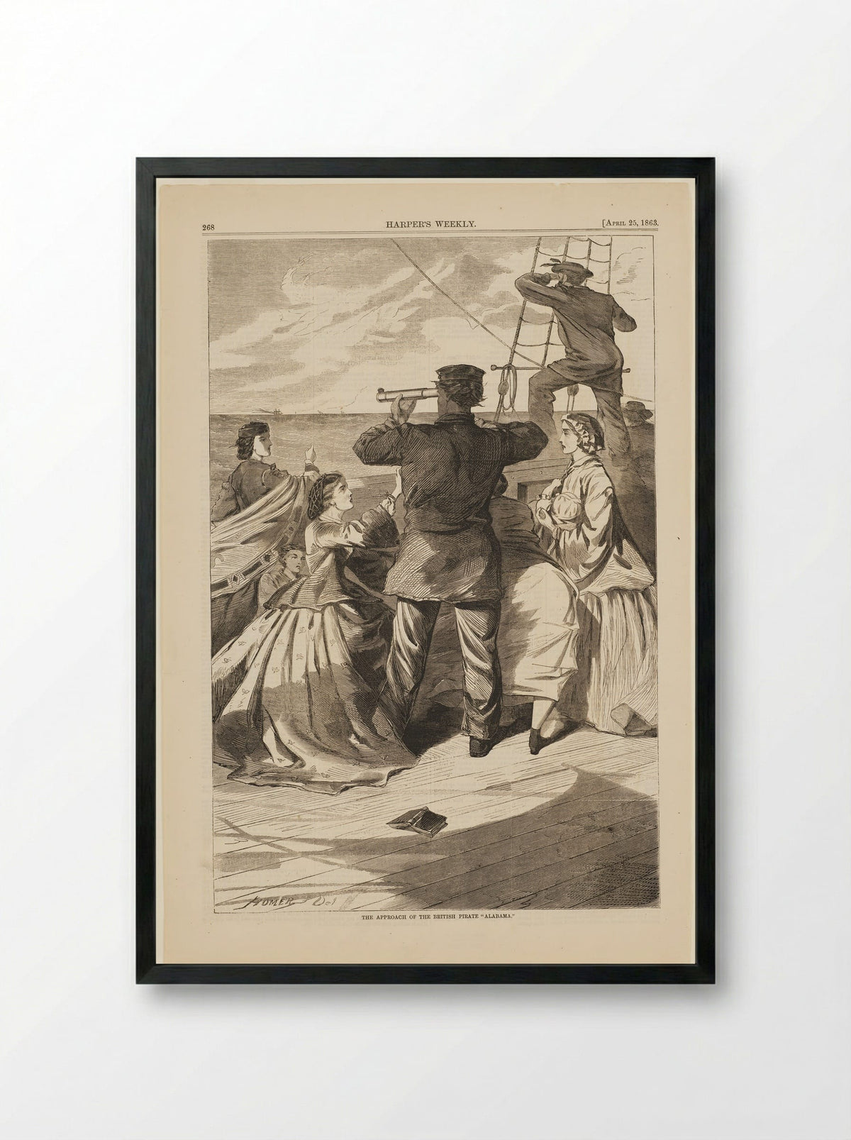 The Approach of the British Pirate Alabama - Winslow Homer - Framed Print Black