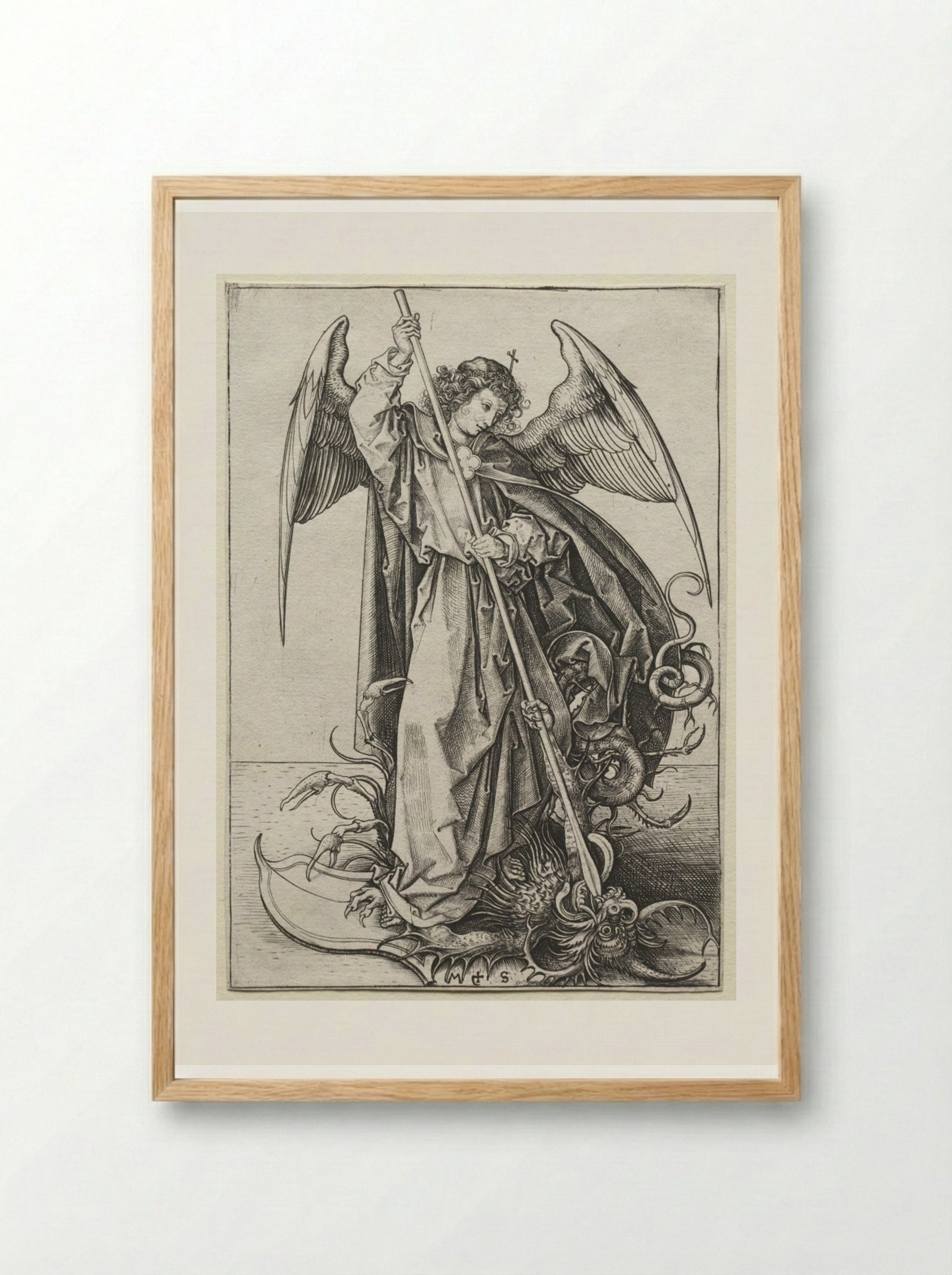 The Archangel Michael Piercing the Dragon - Martin Schongauer - Framed Print Wood