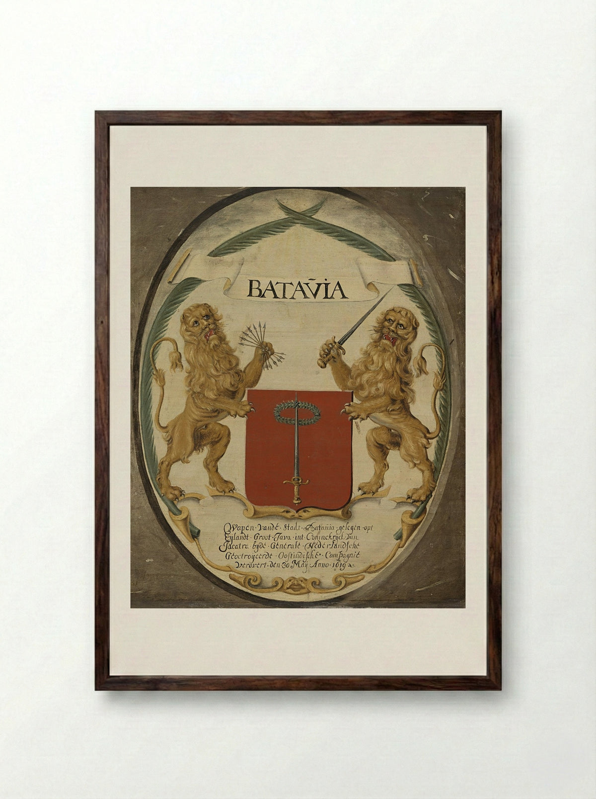 The Arms of the Dutch East India Company and of the Town of Batavia - Jeronimus Becx (II) - Framed Print Dark Wood