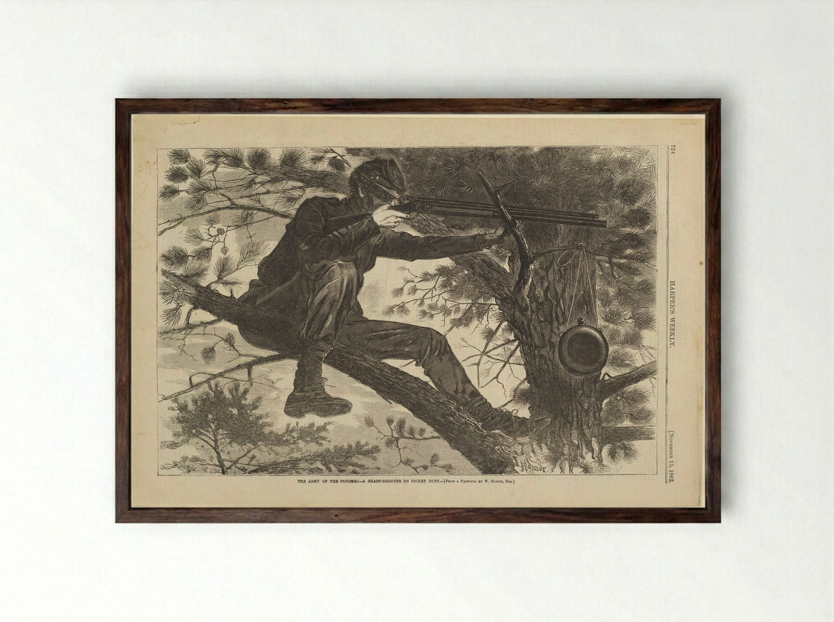 The Army of the Potomac - A Sharp-Shooter on Picket Duty - Winslow Homer - Framed Print Dark Wood