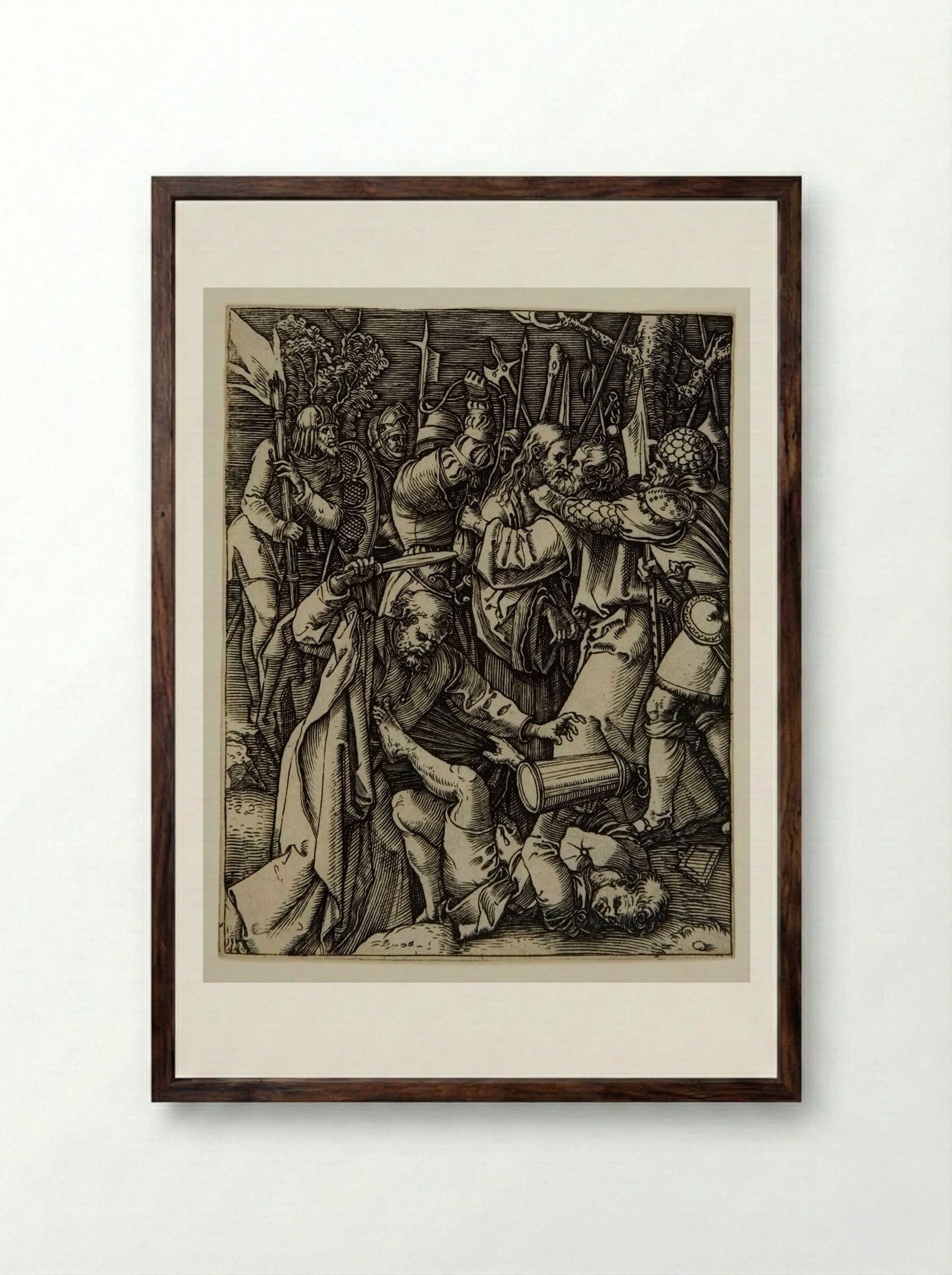 The Arrest of Christ - Marcantonio Raimondi - Framed Print Dark Wood