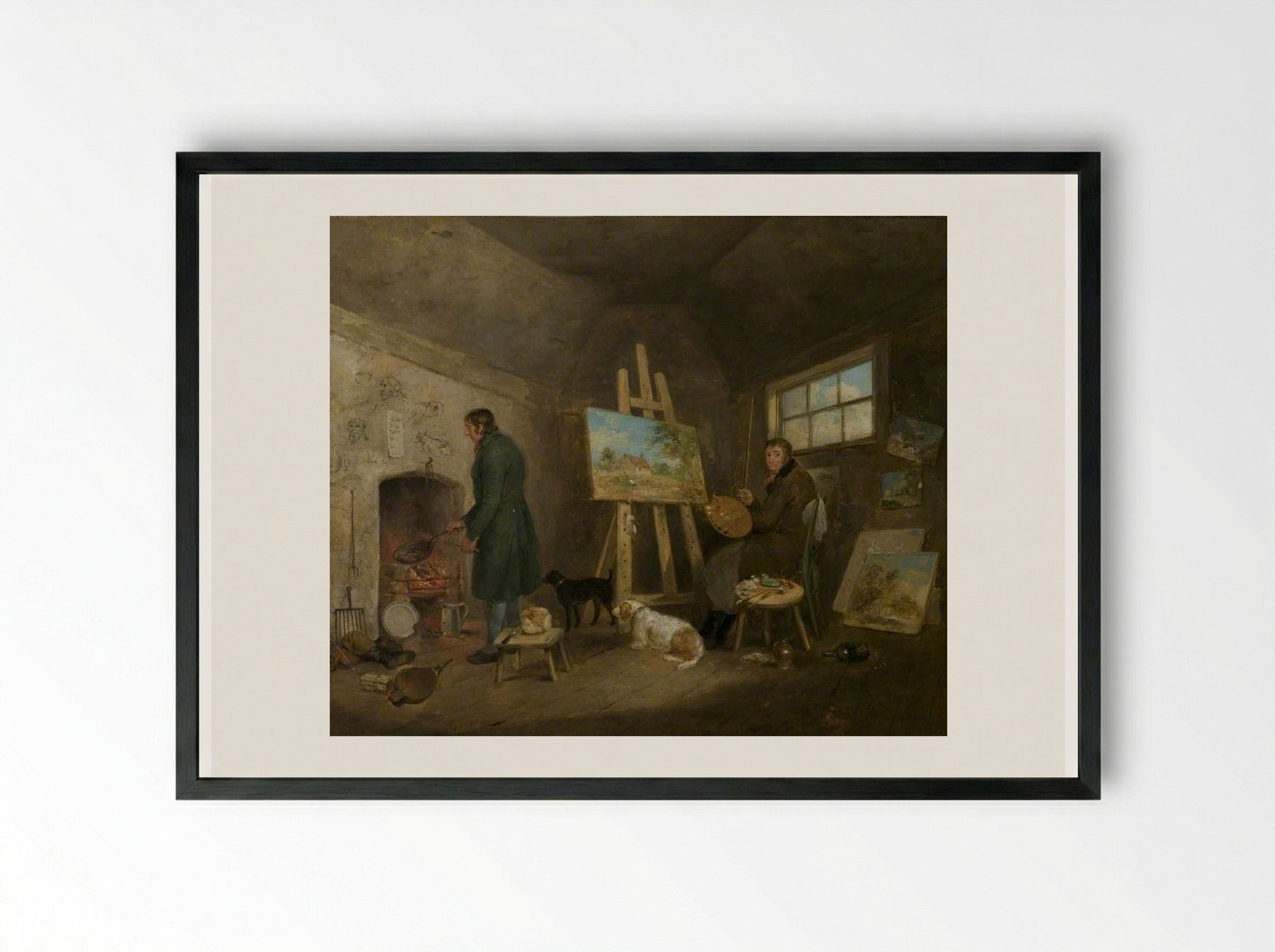 The Artist in His Studio and His Man Gibbs - George Morland - Framed Print Black