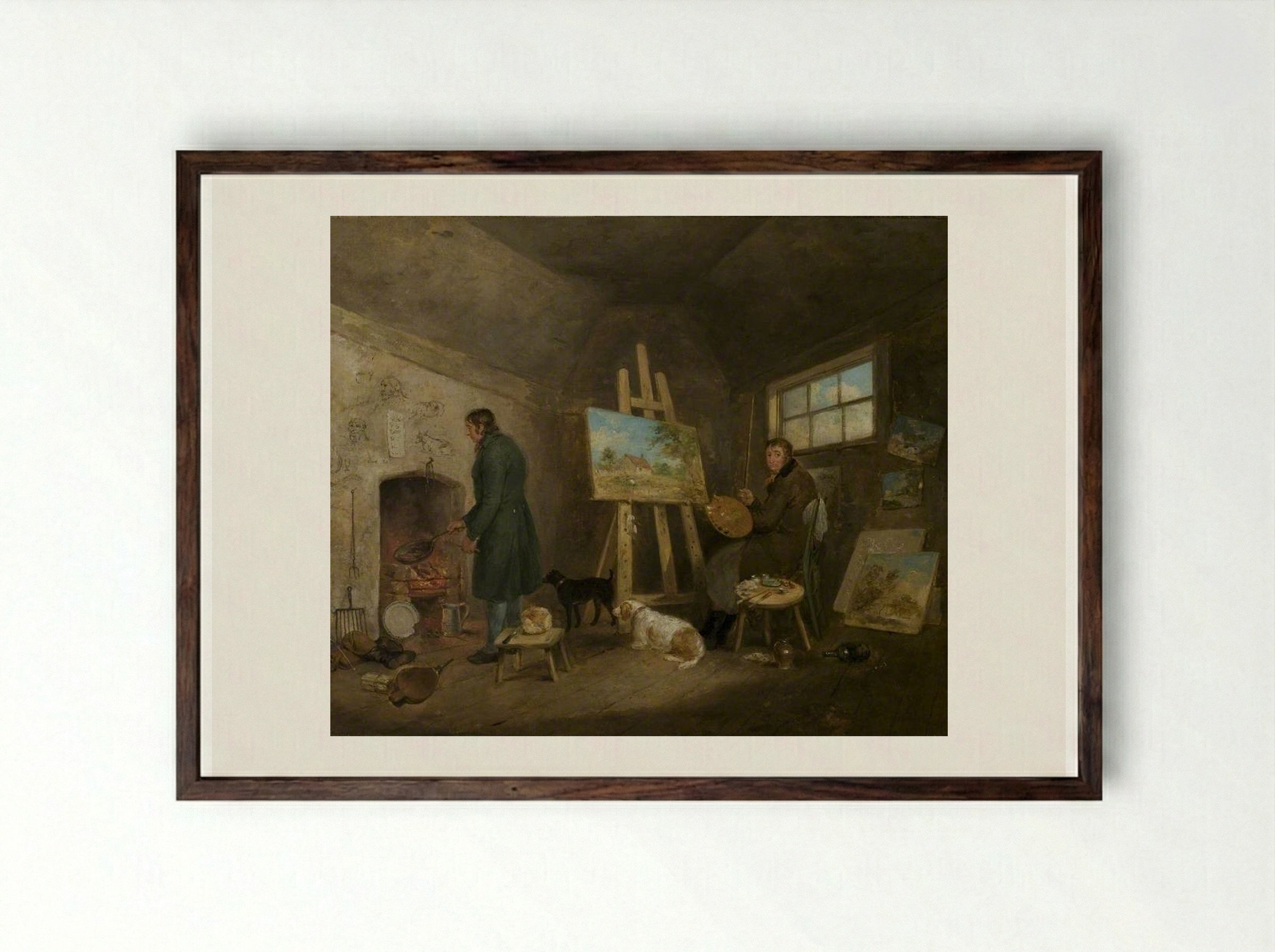 The Artist in His Studio and His Man Gibbs - George Morland - Framed Print Dark Wood