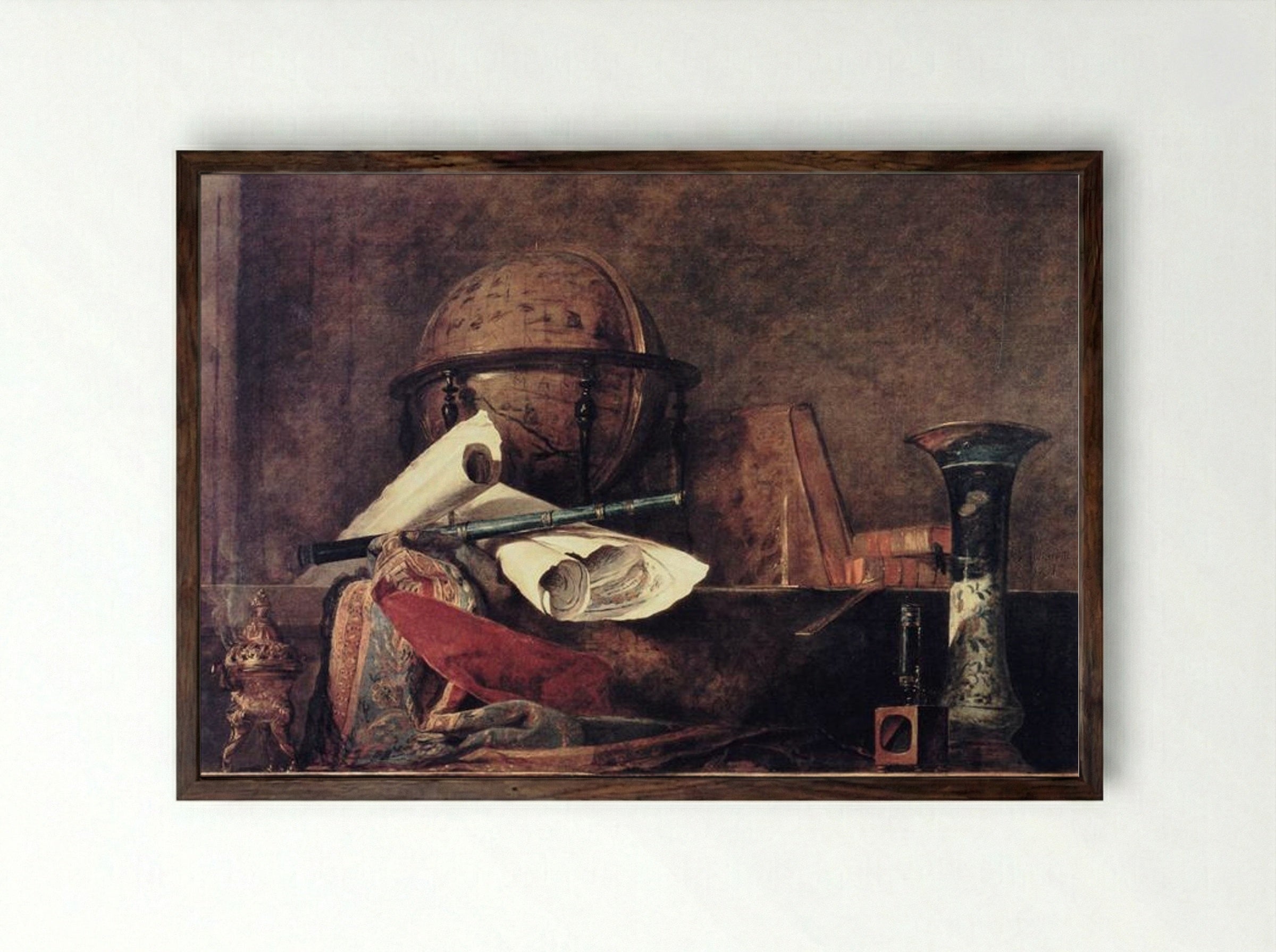 The Attributes of the Sciences - Jean-Baptiste-Siméon Chardin - Framed Print Dark Wood