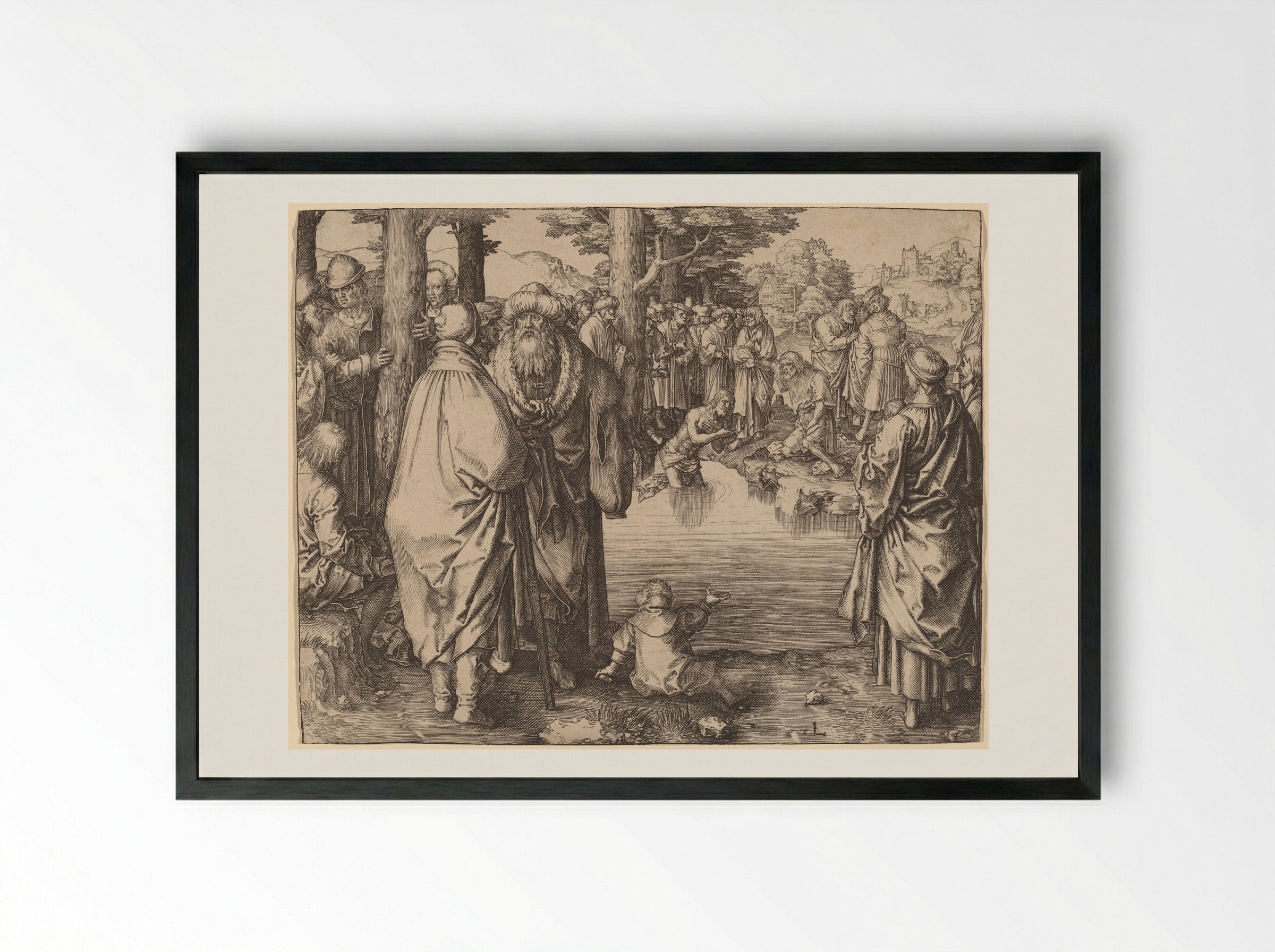 The Baptism of Christ - Lucas van Leyden - Framed Print Black