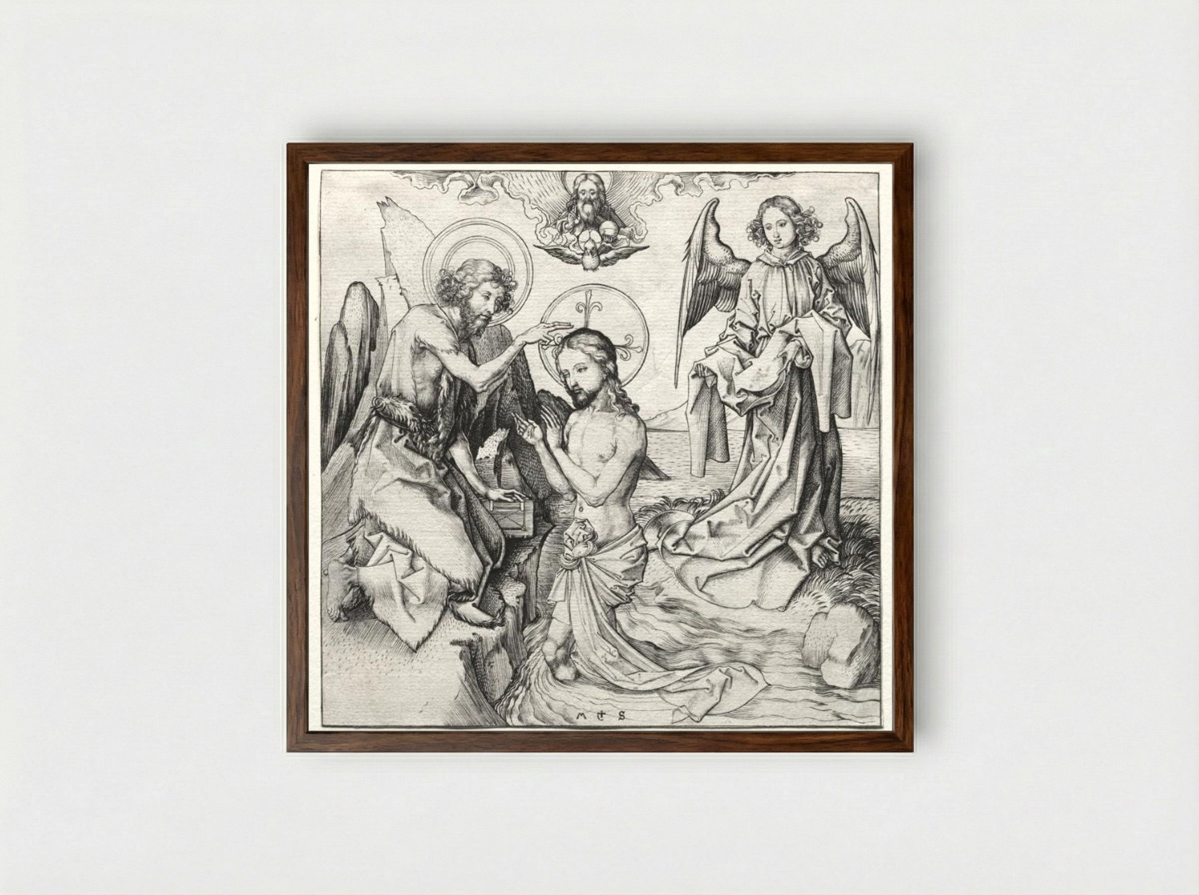 The Baptism of Christ - Martin Schongauer - Framed Print Dark Wood