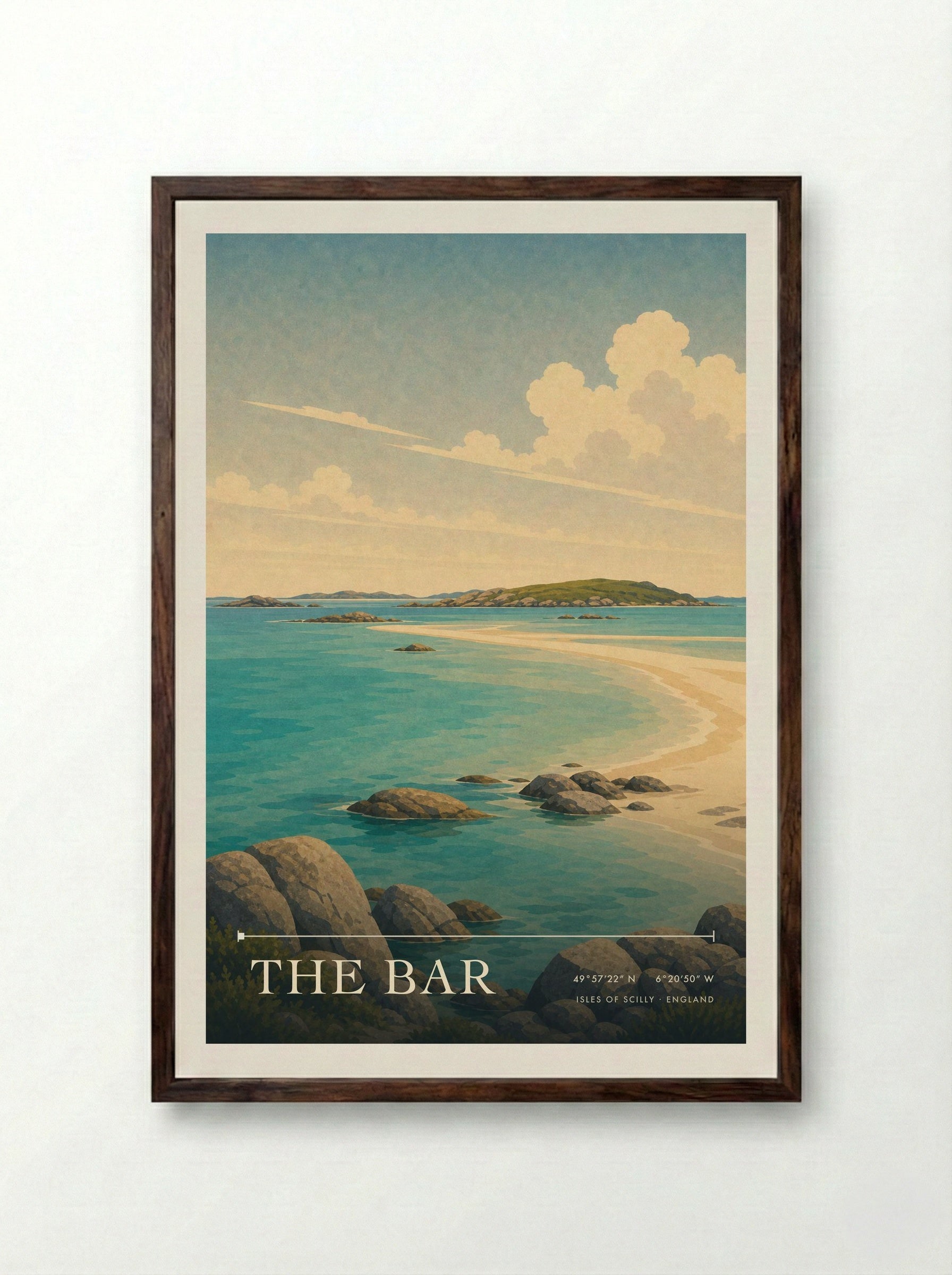 The Bar Isles of Scilly England Travel Poster - Framed Print Dark Wood