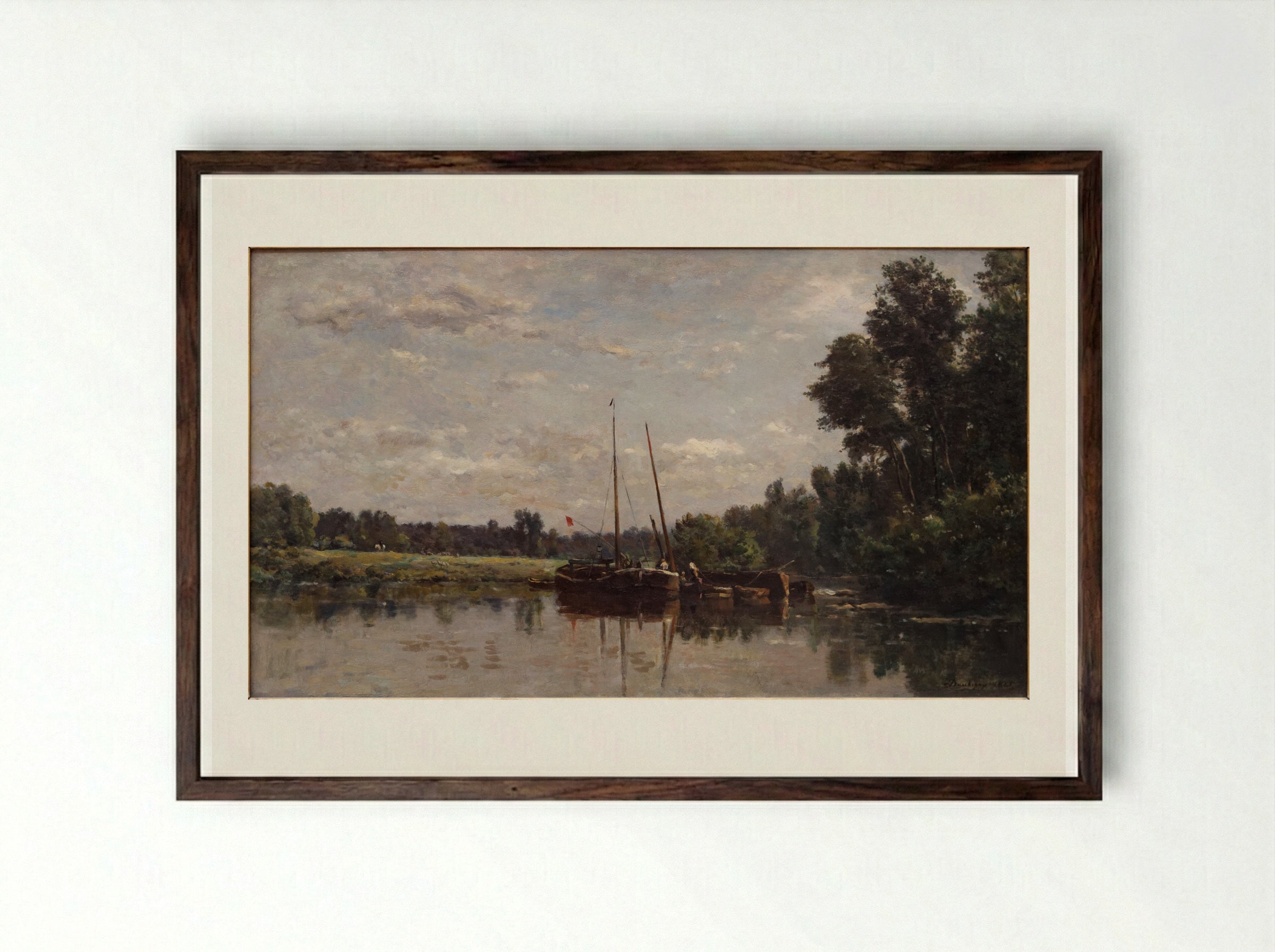 The Barges - Charles-Francois Daubigny - Framed Print Dark Wood