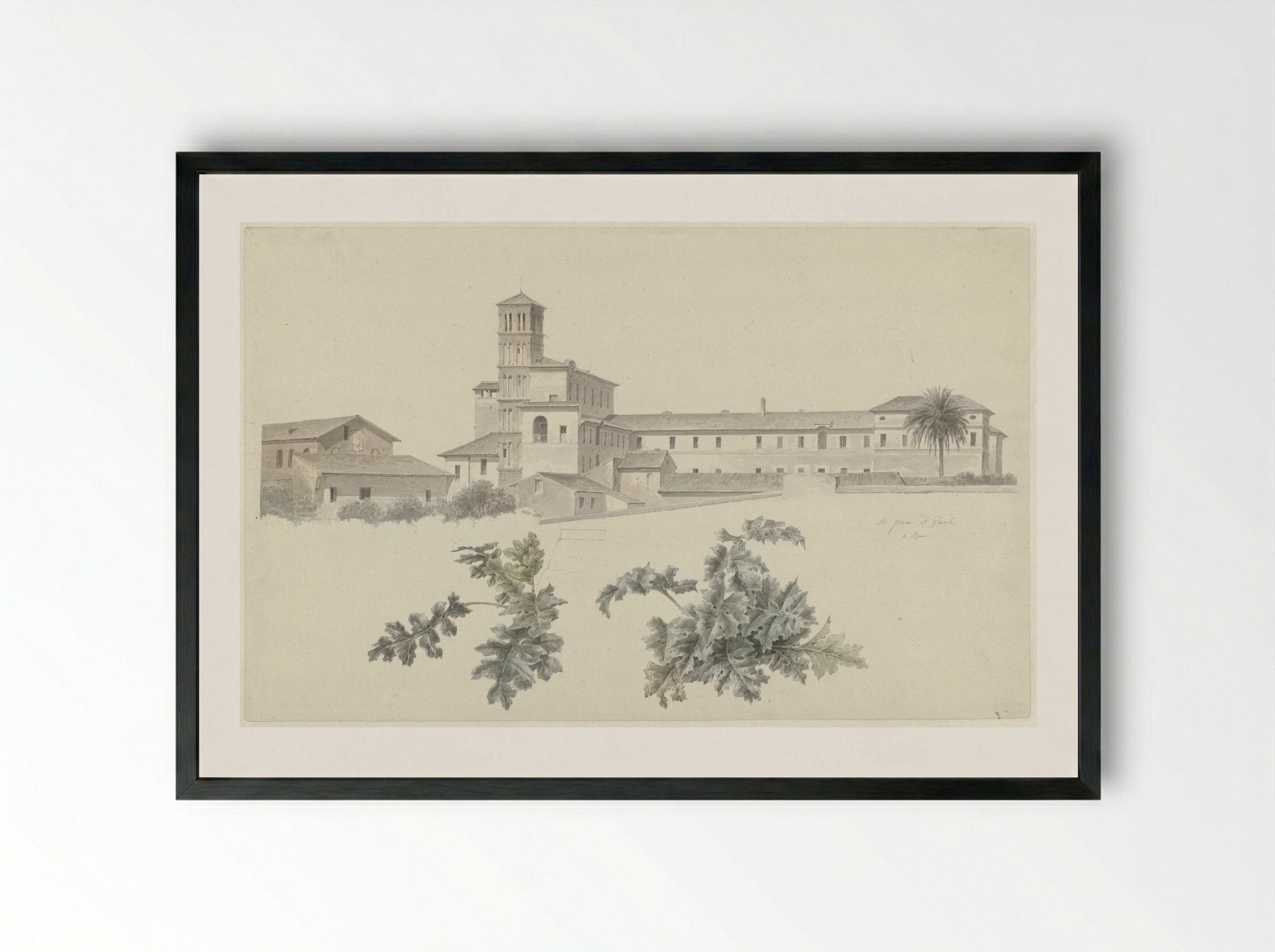 The Basilica of Santi Giovanni e Paolo in Rome, with Two Studies of Plants - Josephus Augustus Knip - Framed Print Black