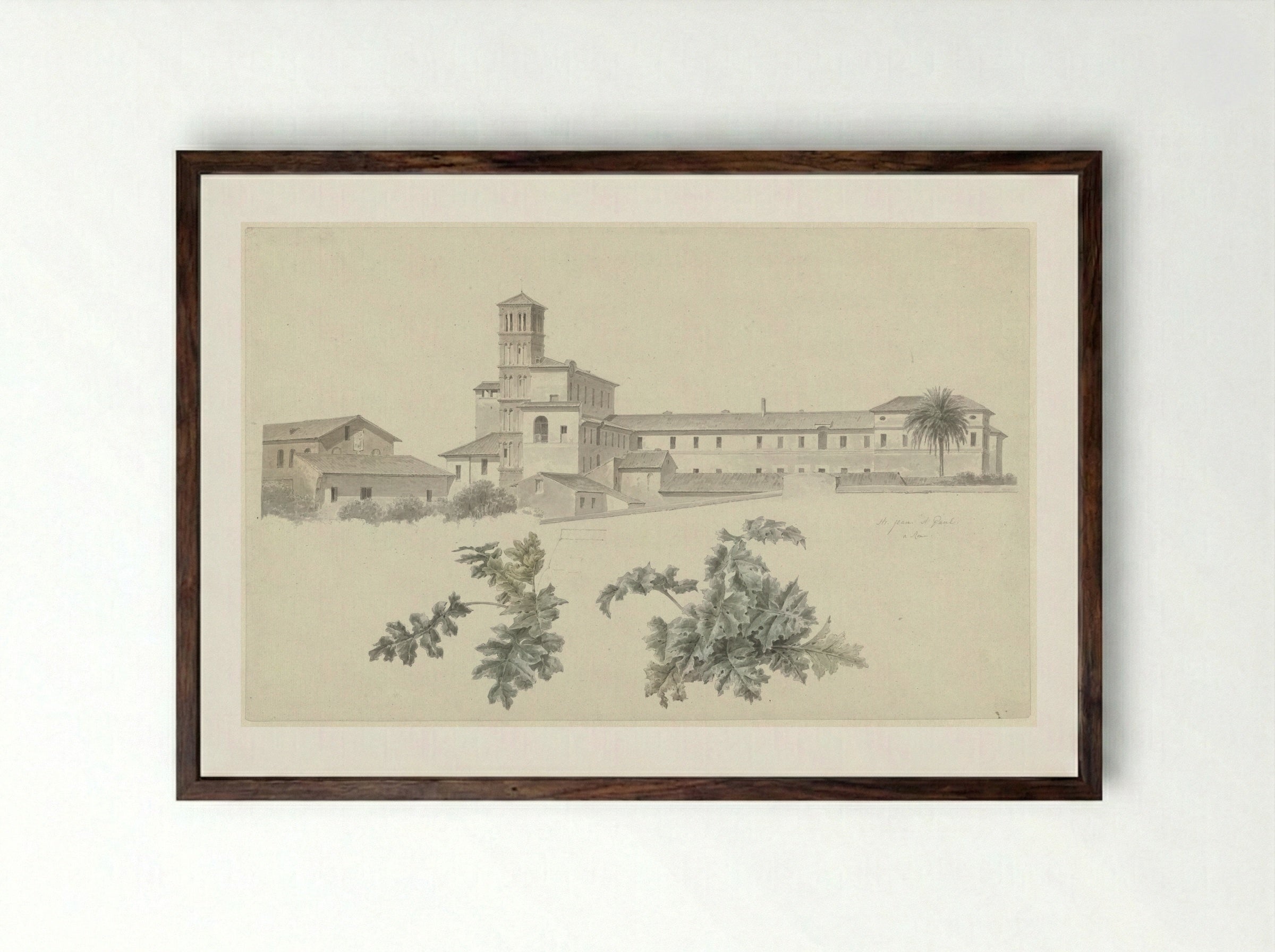 The Basilica of Santi Giovanni e Paolo in Rome, with Two Studies of Plants - Josephus Augustus Knip - Framed Print Dark Wood