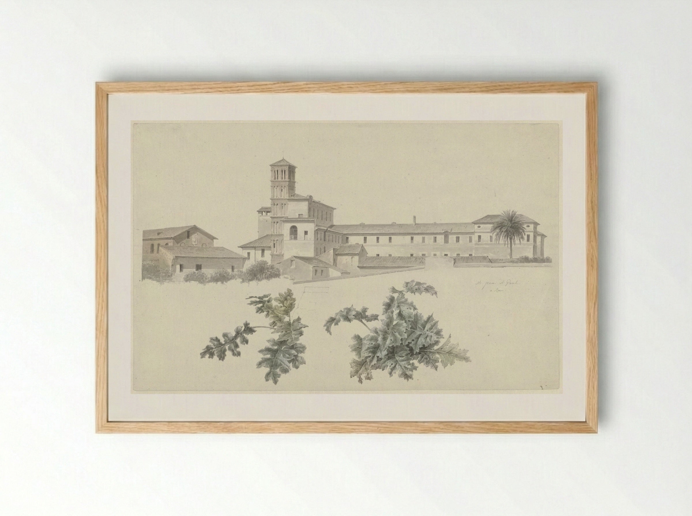 The Basilica of Santi Giovanni e Paolo in Rome, with Two Studies of Plants - Josephus Augustus Knip - Framed Print Wood