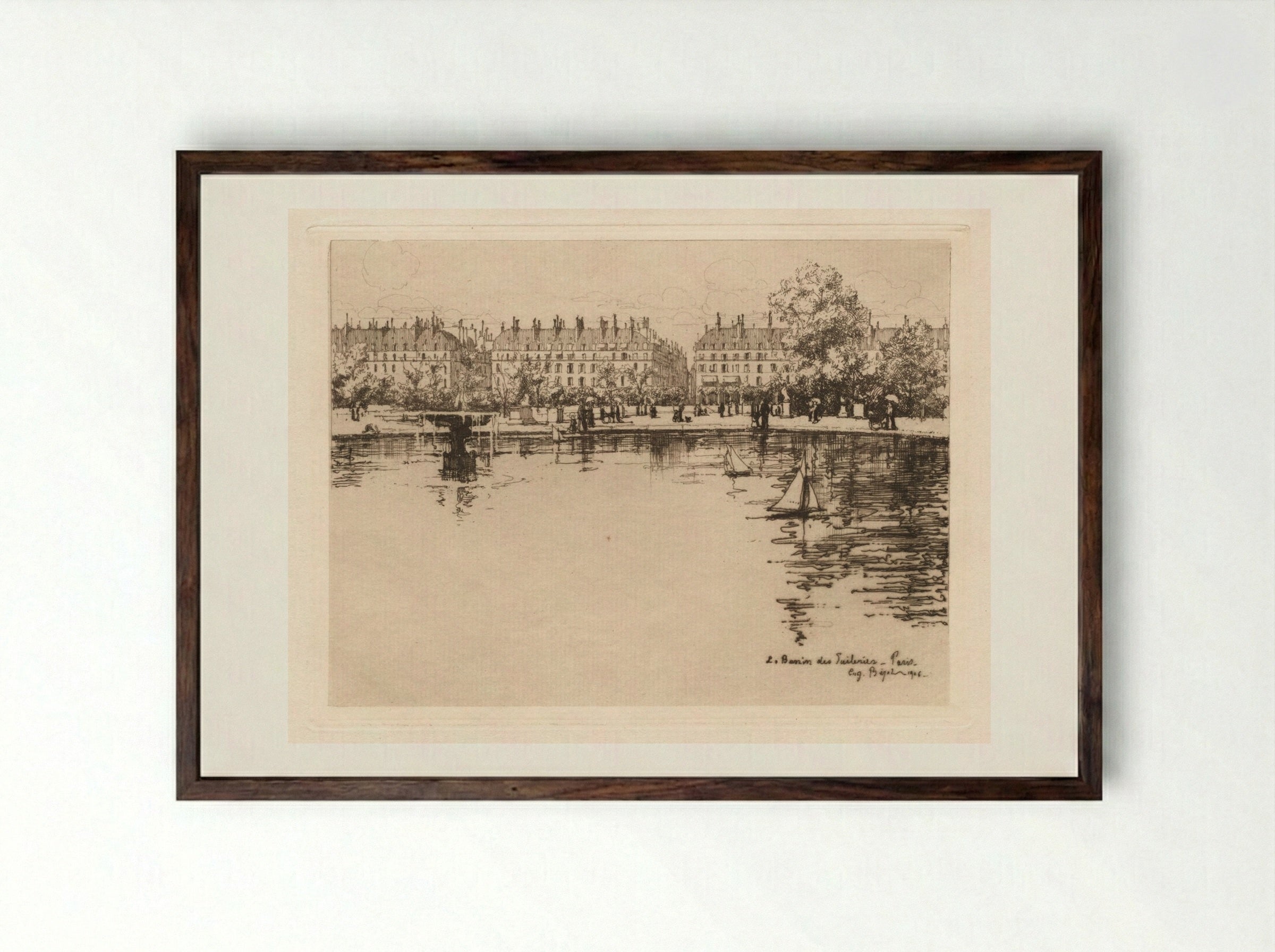 The Basin of the Tuileries - Eugène Bejot - Framed Print Dark Wood
