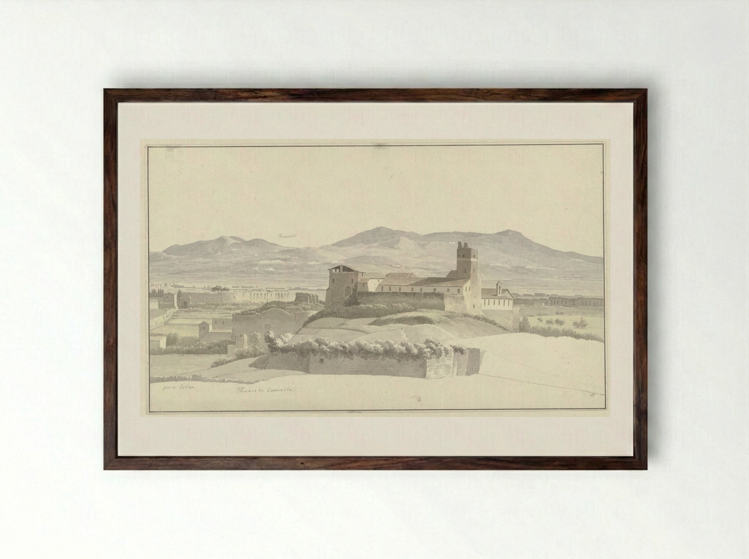 The Baths of Caracalla in Rome and Frascati in the Distance - Josephus Augustus Knip - Framed Print Dark Wood