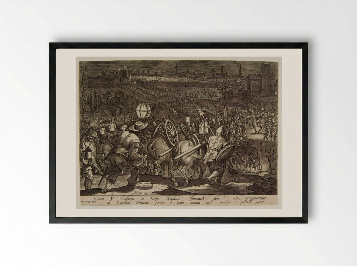 The Battle of Camolia and Siena - Philips Galle - Framed Print Black