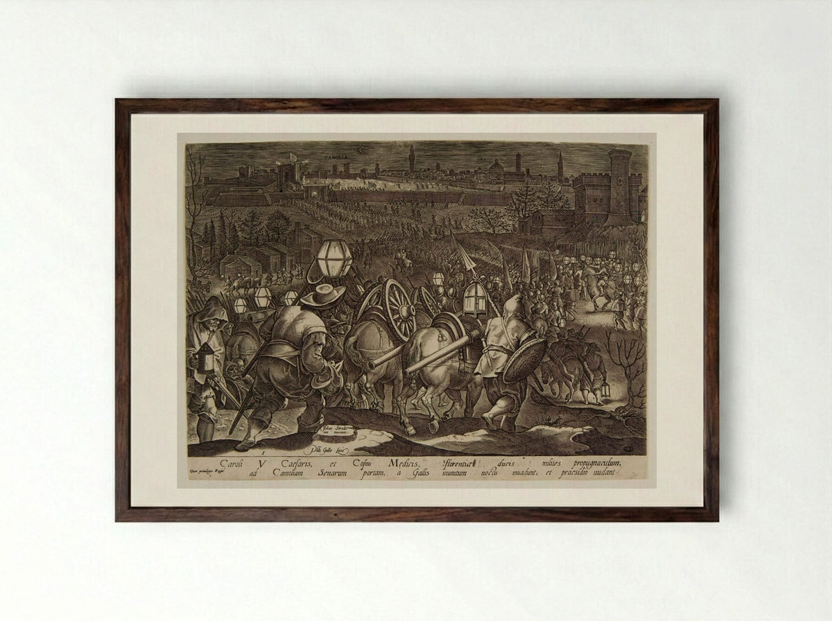 The Battle of Camolia and Siena - Philips Galle - Framed Print Dark Wood