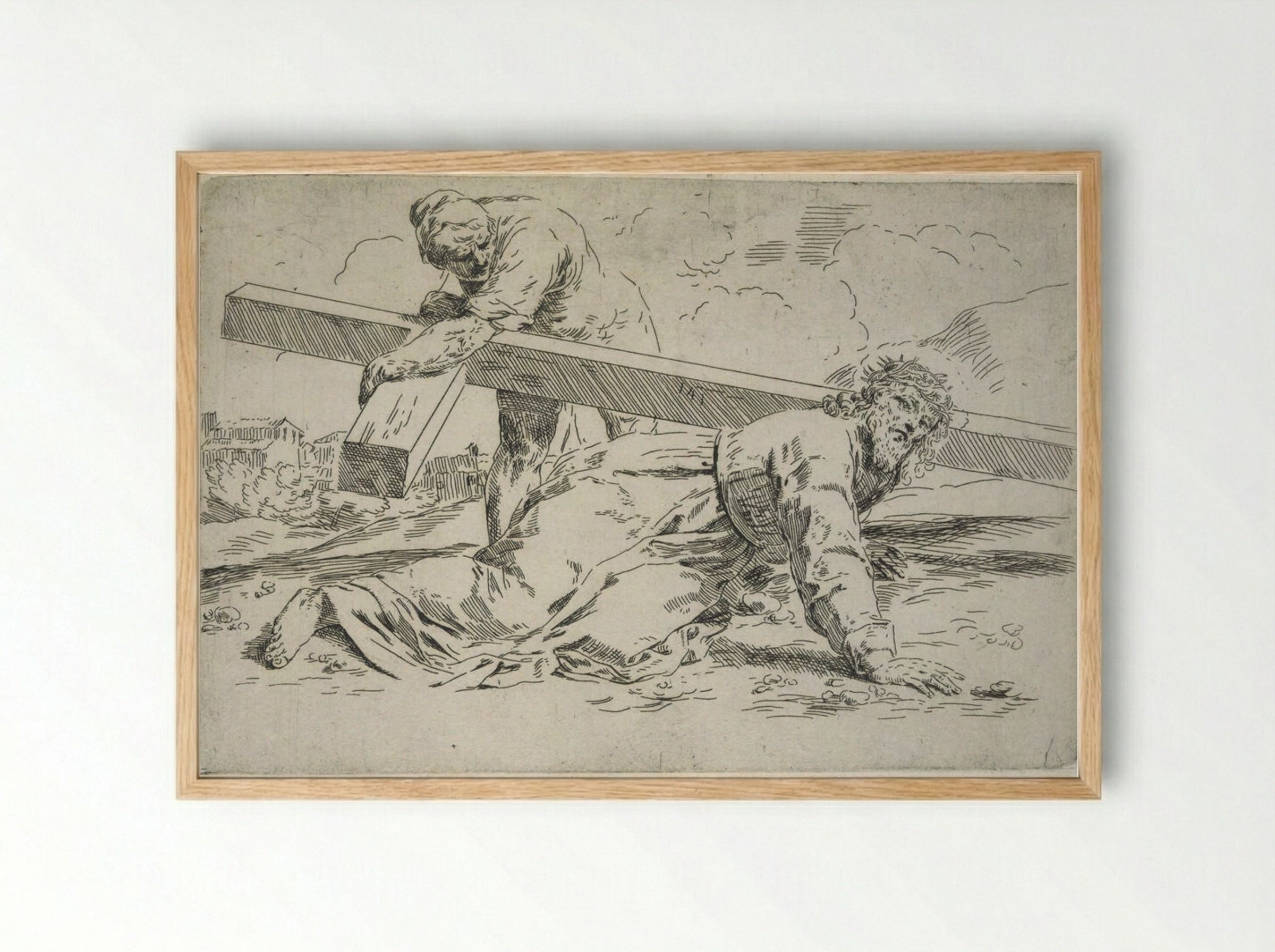 The Bearing of the Cross, Simon helps lift the Cross - Simone Cantarini - Framed Print Wood