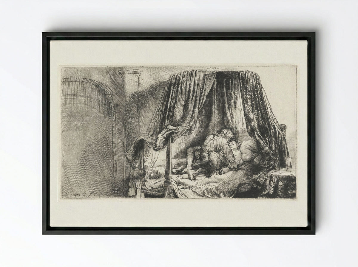 The Bedstead - Rembrandt van Rijn - Framed Canvas Black