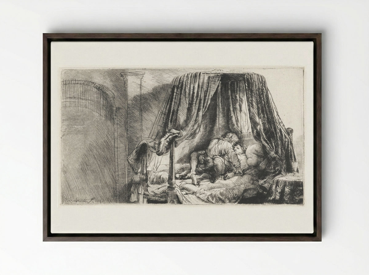 The Bedstead - Rembrandt van Rijn - Framed Canvas Dark Wood