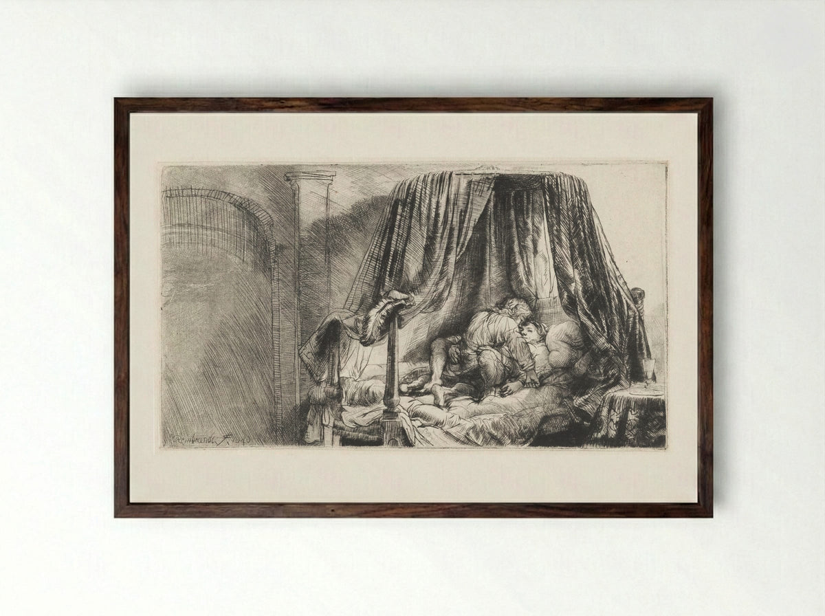 The Bedstead - Rembrandt van Rijn - Framed Print Dark Wood