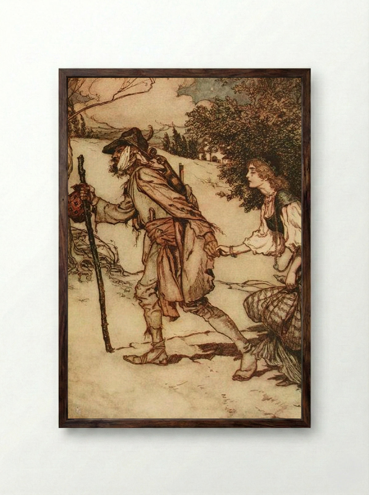 The Beggar took her by the hand and led her away - Arthur Rackham - Framed Print Dark Wood