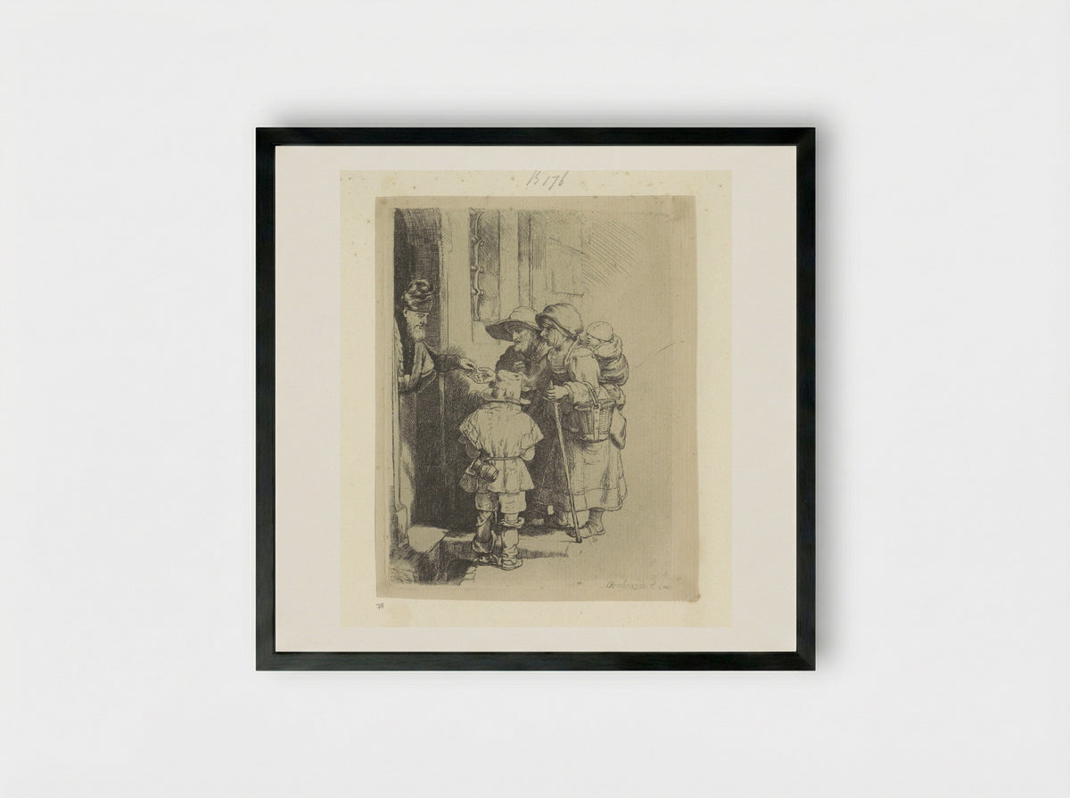 The Beggars Receiving Alms at the Door of a House - Rembrandt van Rijn - Framed Print Black