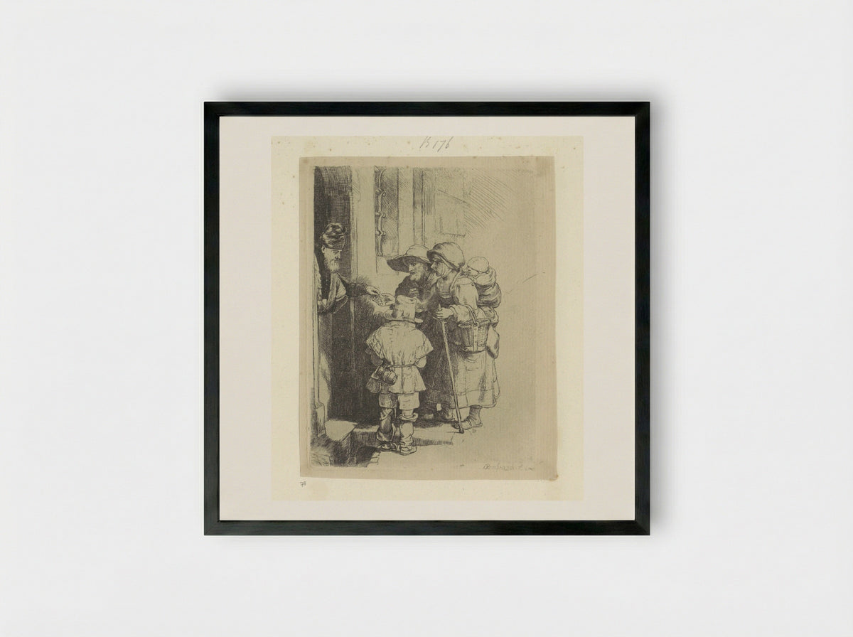 The Beggars Receiving Alms at the Door of a House - Rembrandt van Rijn - Framed Print Black