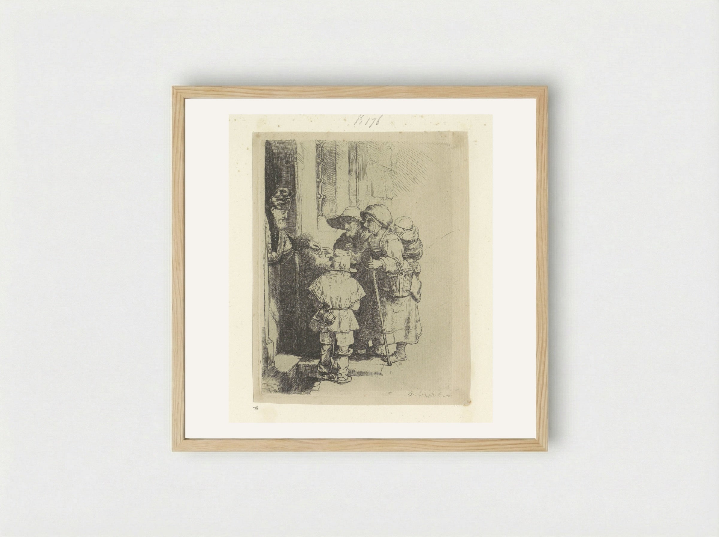 The Beggars Receiving Alms at the Door of a House - Rembrandt van Rijn - Framed Print Wood